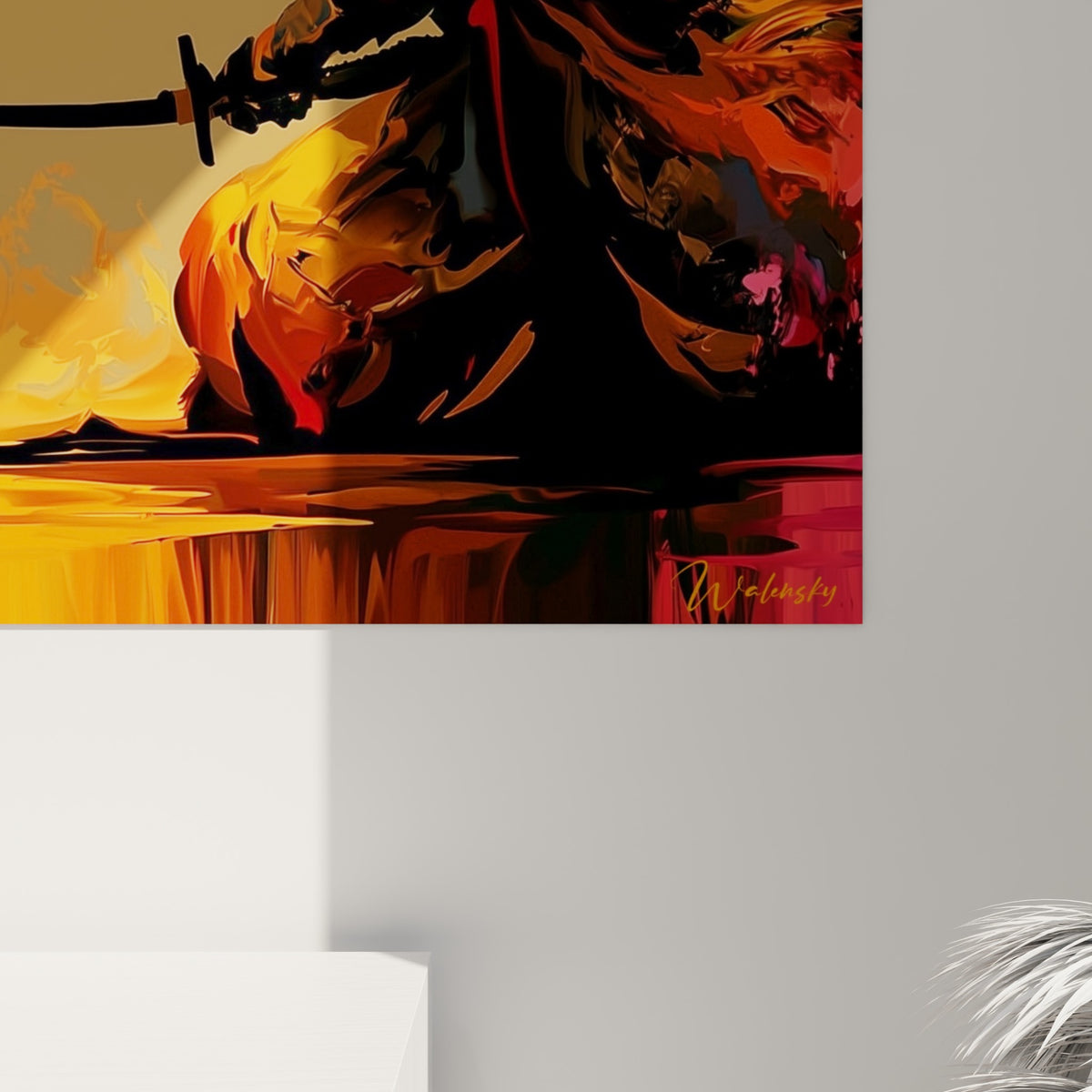 Empâtements orangés et coulures fauves autour de la lame noire du katana, matière picturale dense et texturée