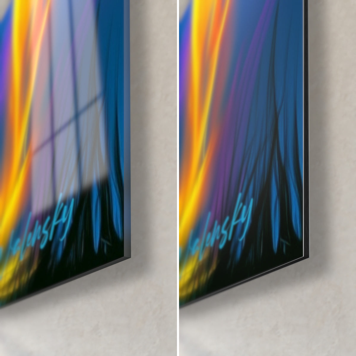 Wall art of a ninja in a straw hat, bottom right corner: glossy acrylic glass on the left, matte Dibond aluminium on the right, 3 mm edge