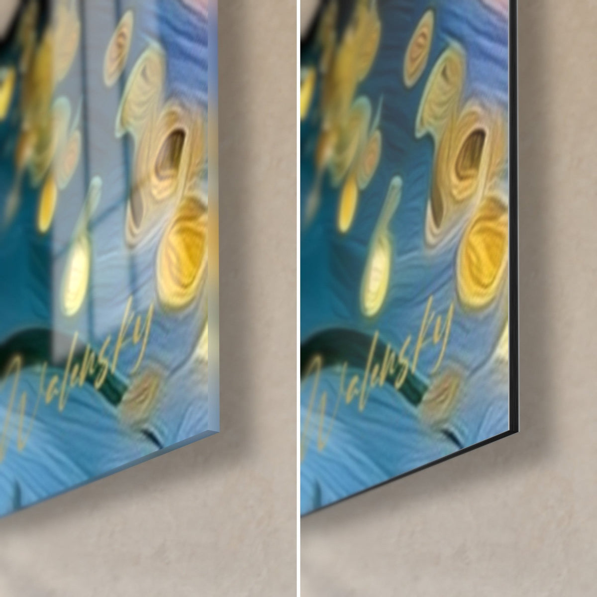 Wall art warrior with golden petals swirling over blue waves, bottom right corner in glossy glass and matte Dibond, 3 mm edge