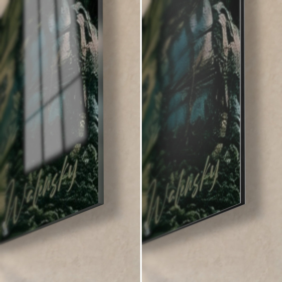 Schilderij shogun wiens gezicht verborgen is door de schaduw van zijn helm, rechtsonder: glanzend acrylglas met reflecties, mat zwart Dibond, rand van 3 mm