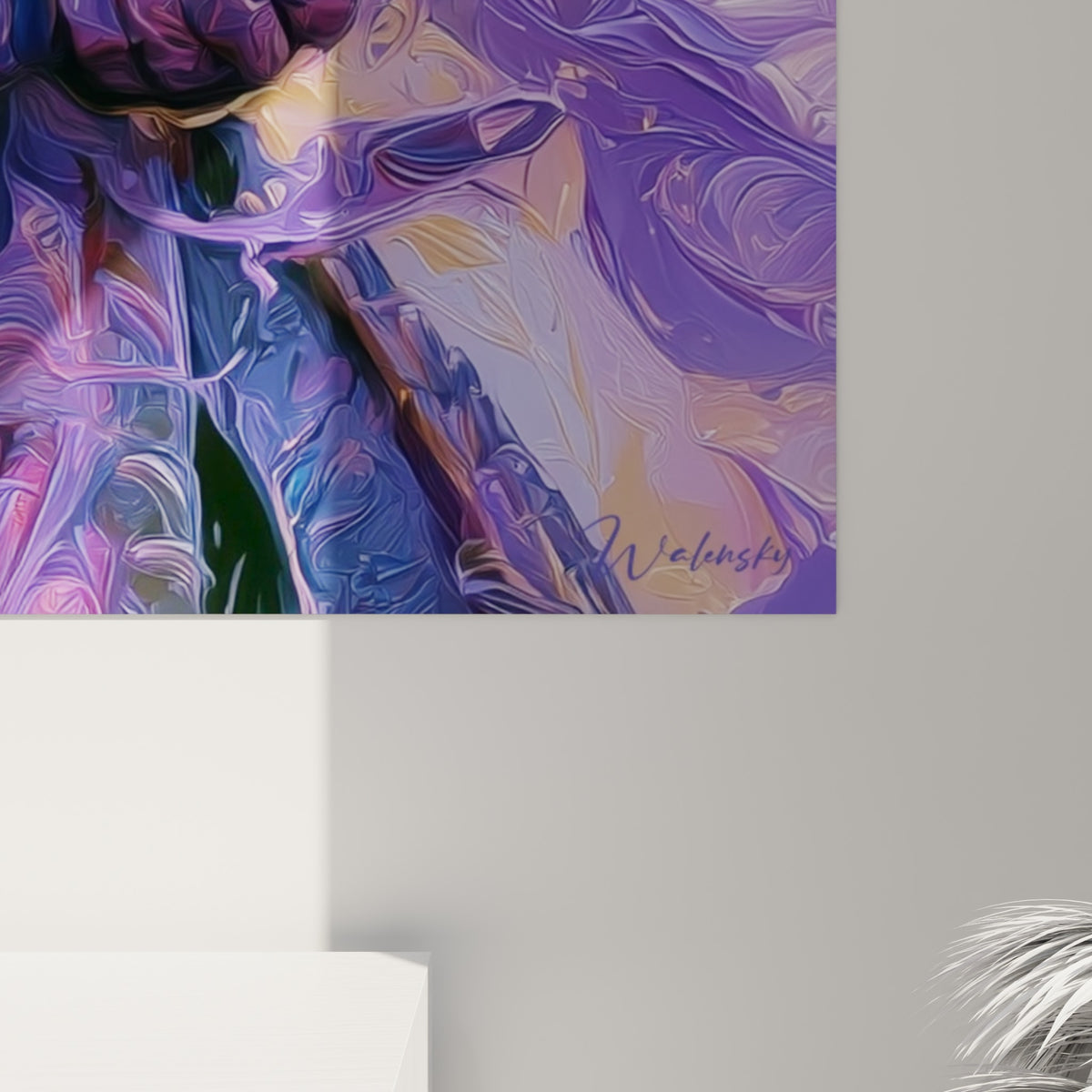 Détail rapproché du tableau samouraï montrant les empâtements violets et dorés et le grain de la peinture sur l'armure.