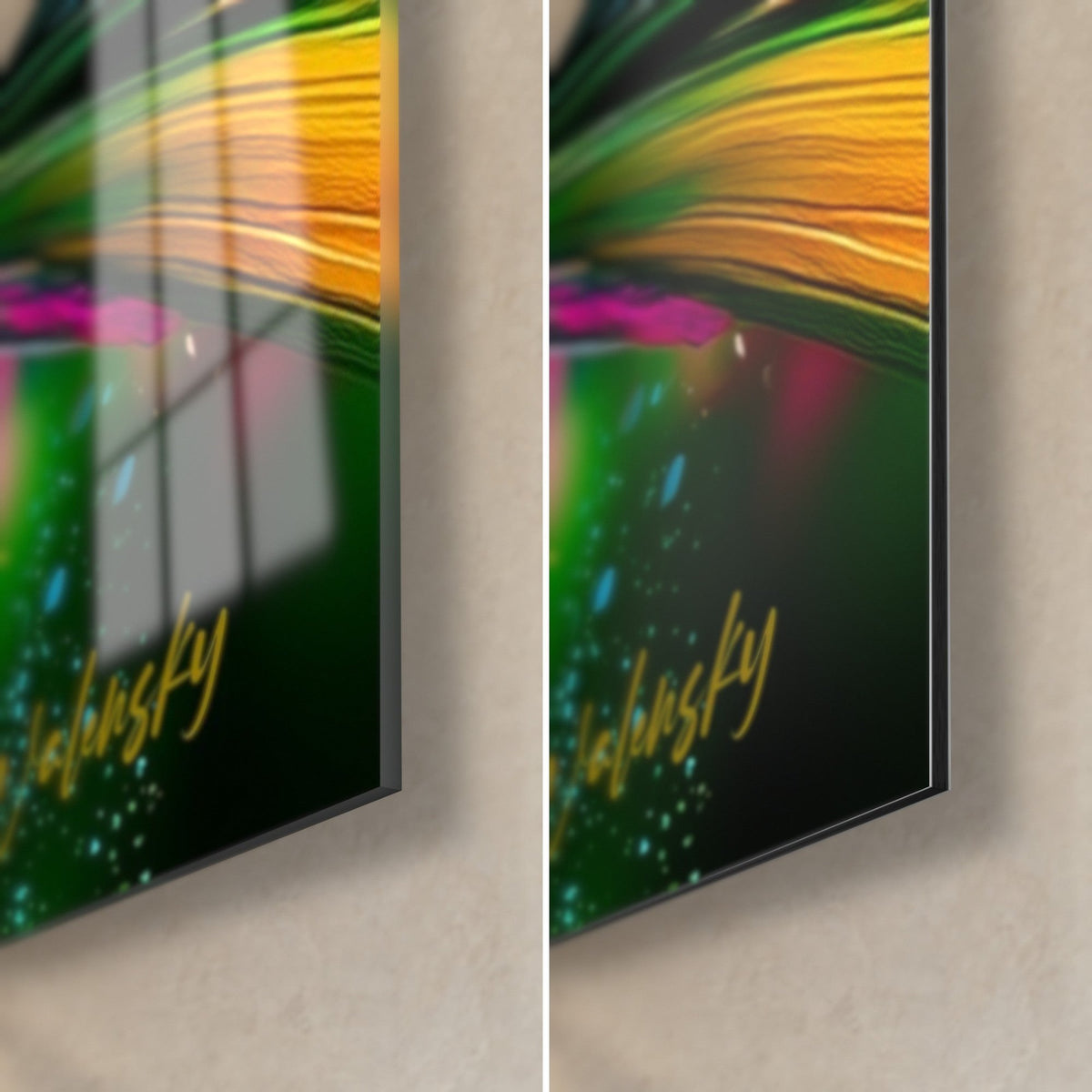 Wall art of a swordfighter, pink and green flowing hair, bottom right corner: glossy glass on the left, matte Dibond on the right, 3 mm edge
