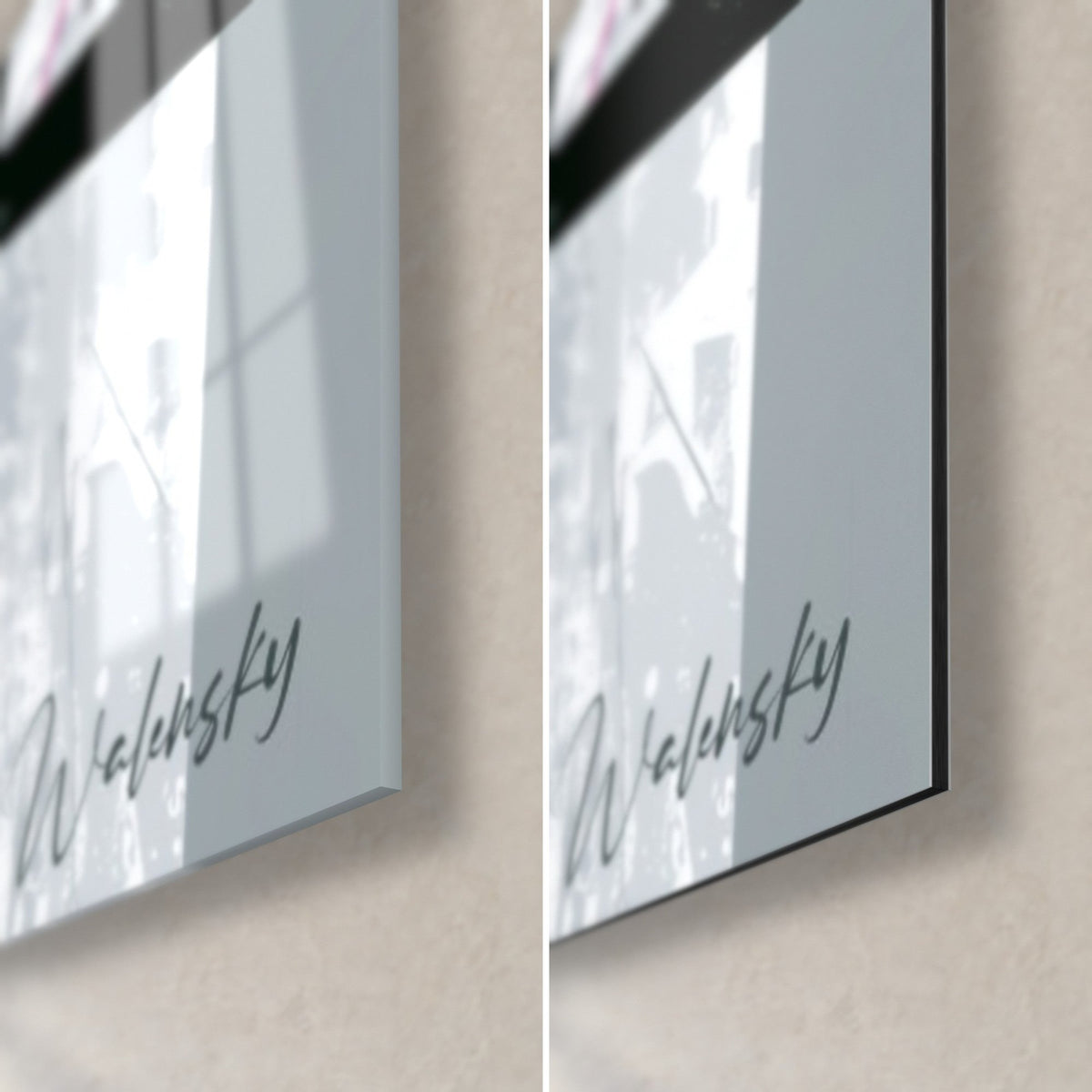 Wall art Japanese warrior, bottom right corner: Walensky signature on grey, glossy acrylic glass on the left, matt black Dibond on the right