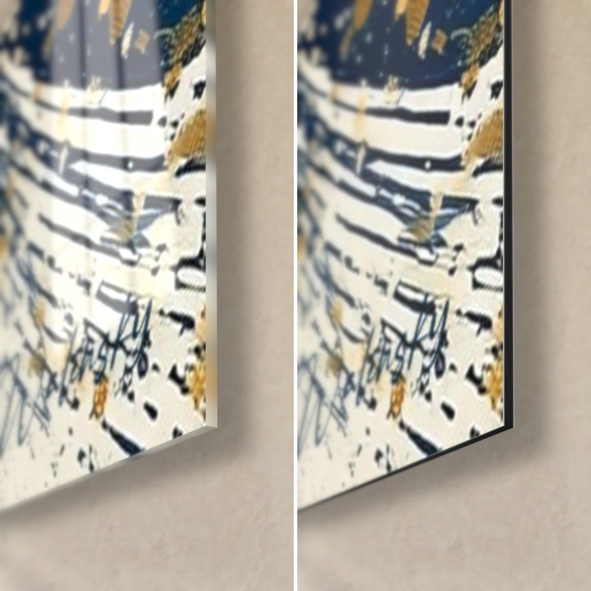 Wall art of a warrior in a midnight blue cloak, lower right corner, gold splashes on glossy acrylic glass and matte Dibond aluminium, 3 mm thickness