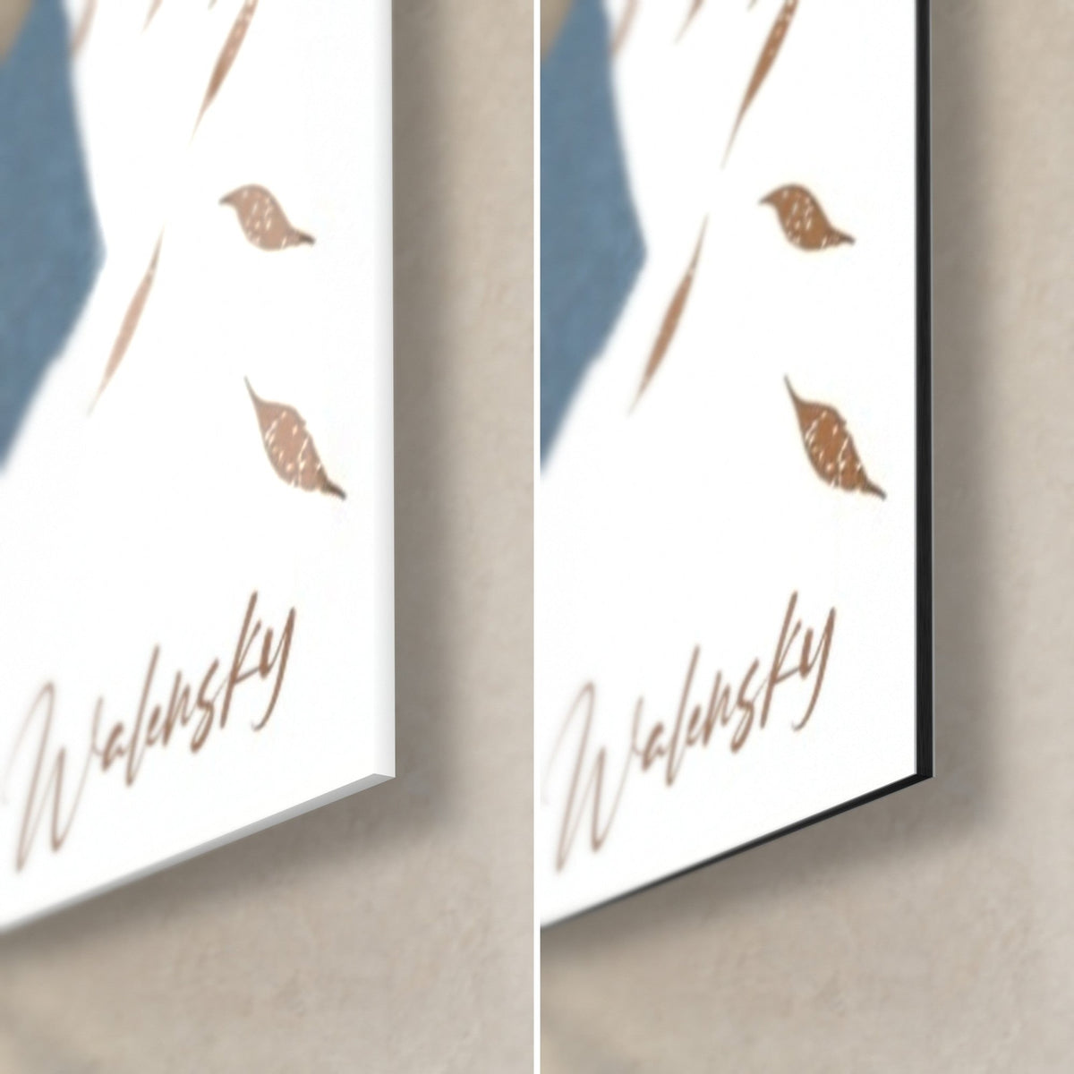 Wall art of a samurai with a flashing blade, bottom right corner: Walensky ochre signature, brown leaves, glossy glass and matte Dibond