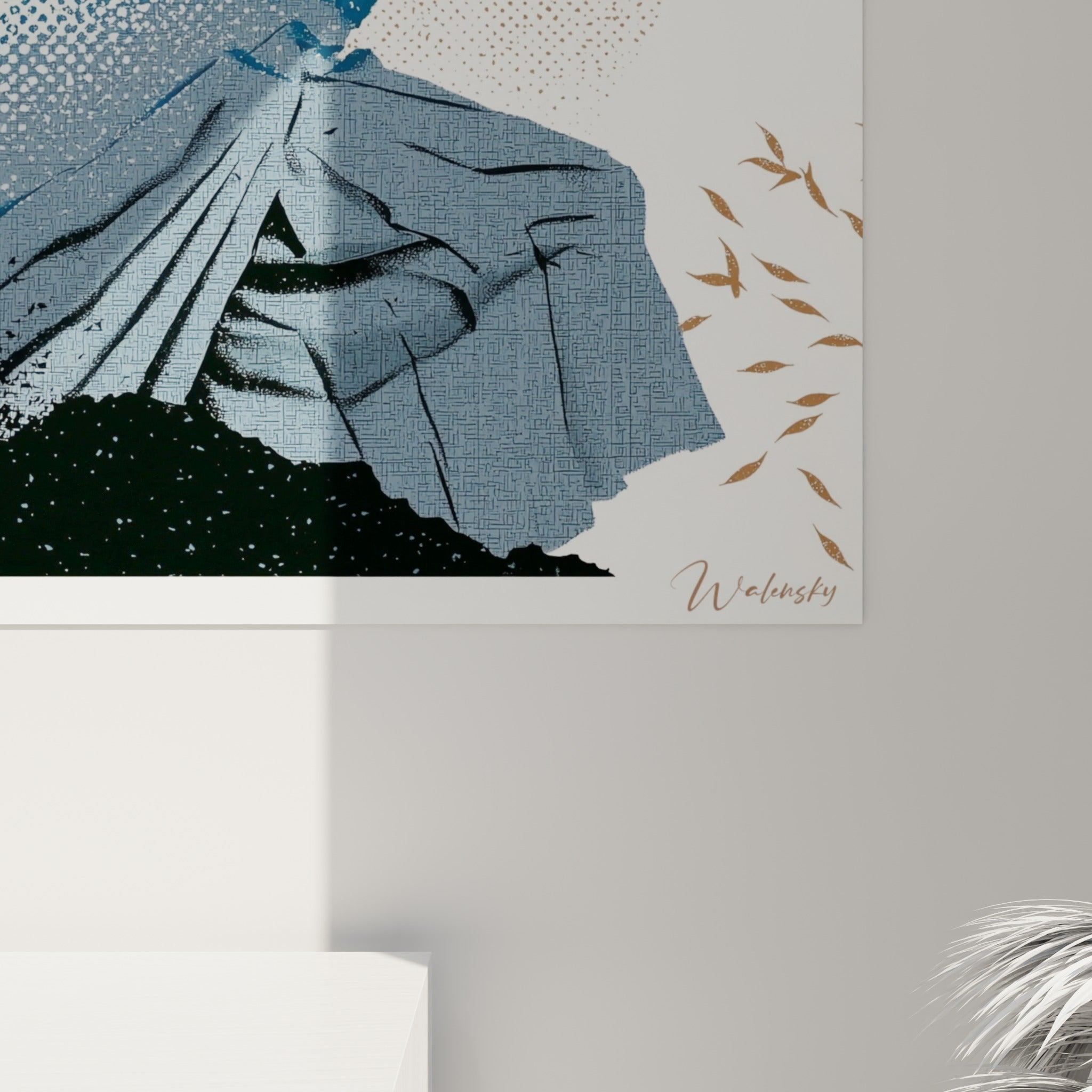 Empâtements en trame de points bleus et anthracite sur le tissu du kimono, grain sérigraphique visible de près