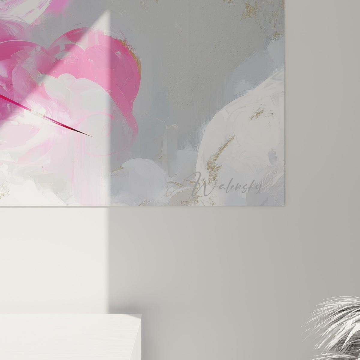 Empâtements roses et gris du tableau Samouraï, coulures de peinture autour du halo lumineux et du katana