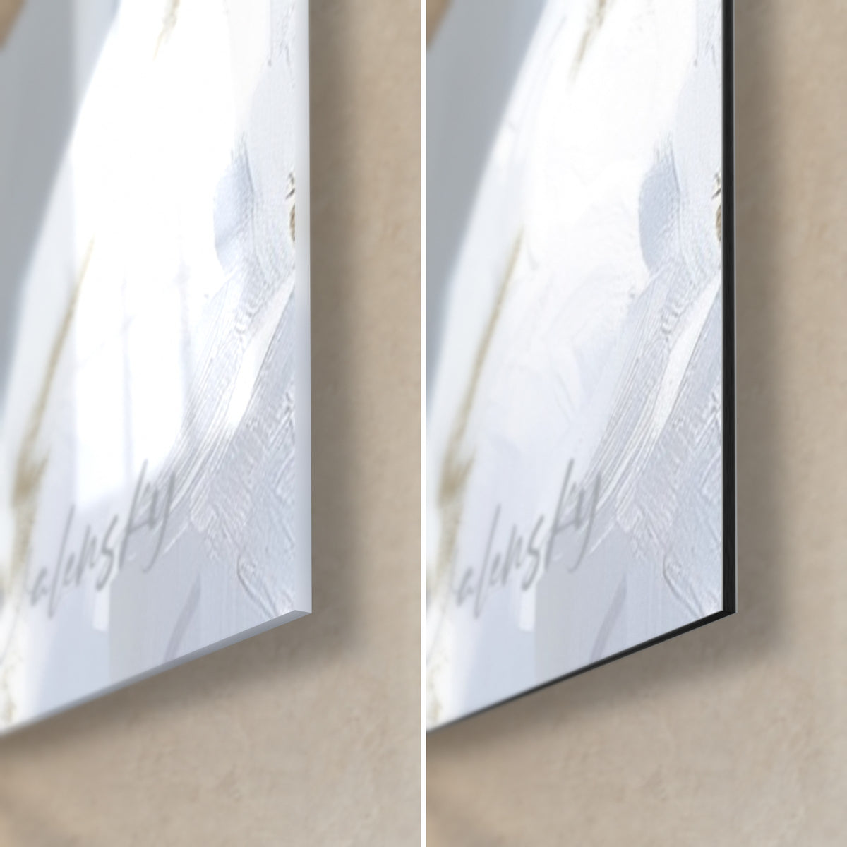 Cuadro de un espadachín con katana, esquina inferior derecha: cristal acrílico brillante a la izquierda, aluminio Dibond mate a la derecha, canto de 3 mm visible
