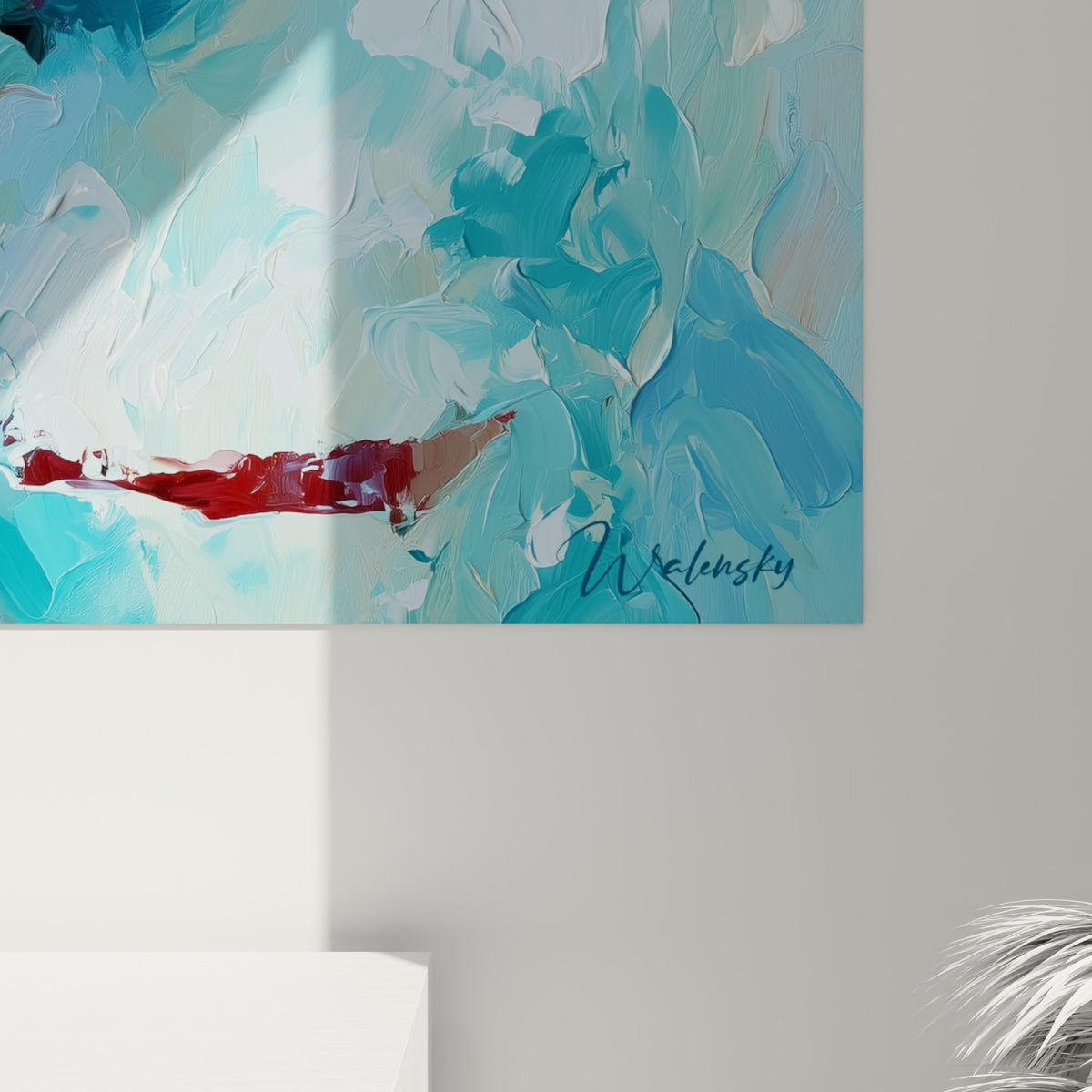 Empâtements épais turquoise et bordeaux sur la toile du samouraï, matière et coulures visibles de près