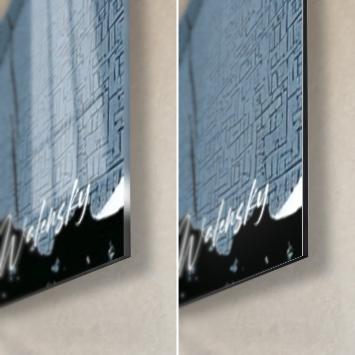 Wall art of a rōnin in a blue conical hat, bottom right corner: glossy acrylic glass and matte Dibond aluminium, white signature on black