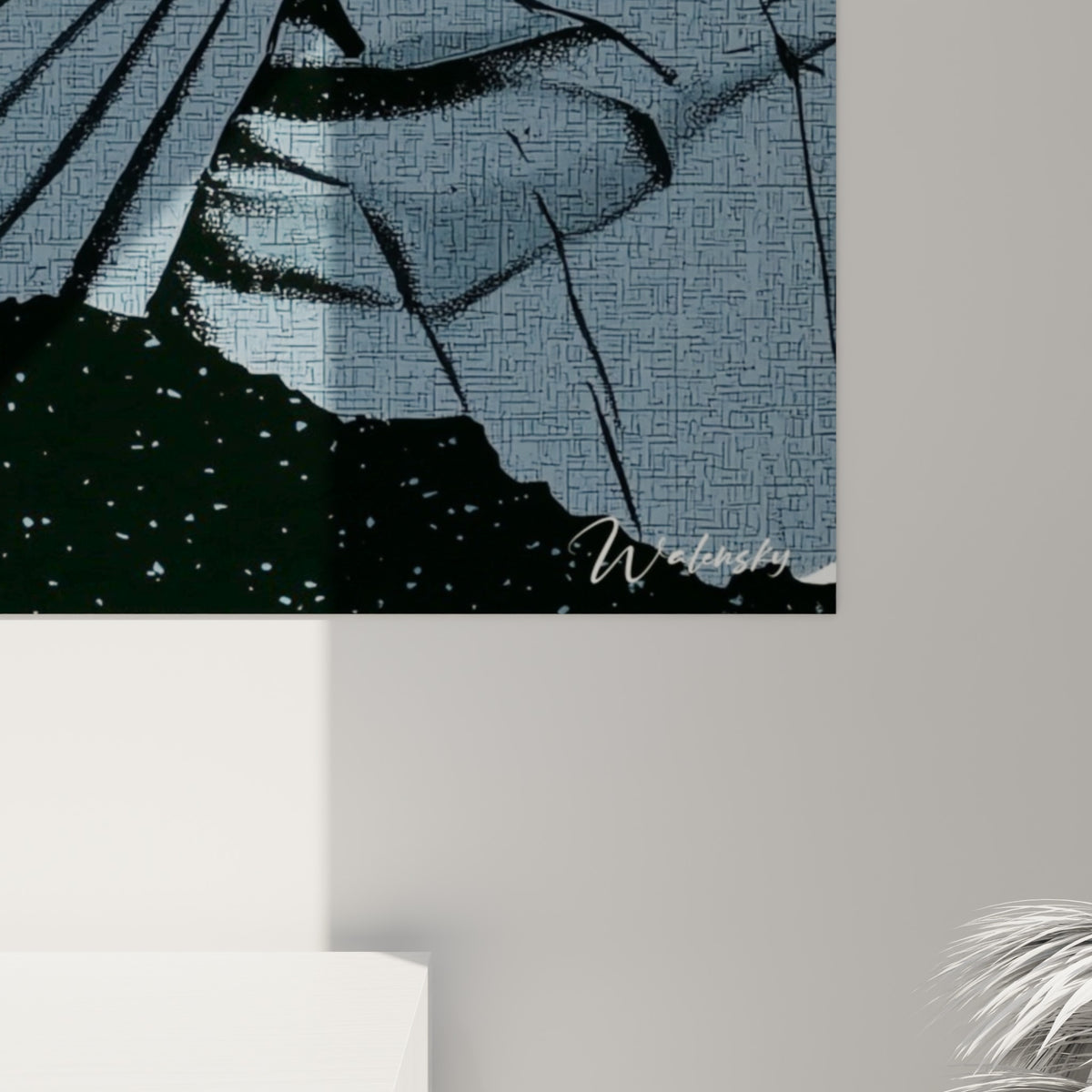 Détail des trames pointillées bleu et ocre du tableau samouraï, grain sérigraphique et éclat blanc de la lame visibles