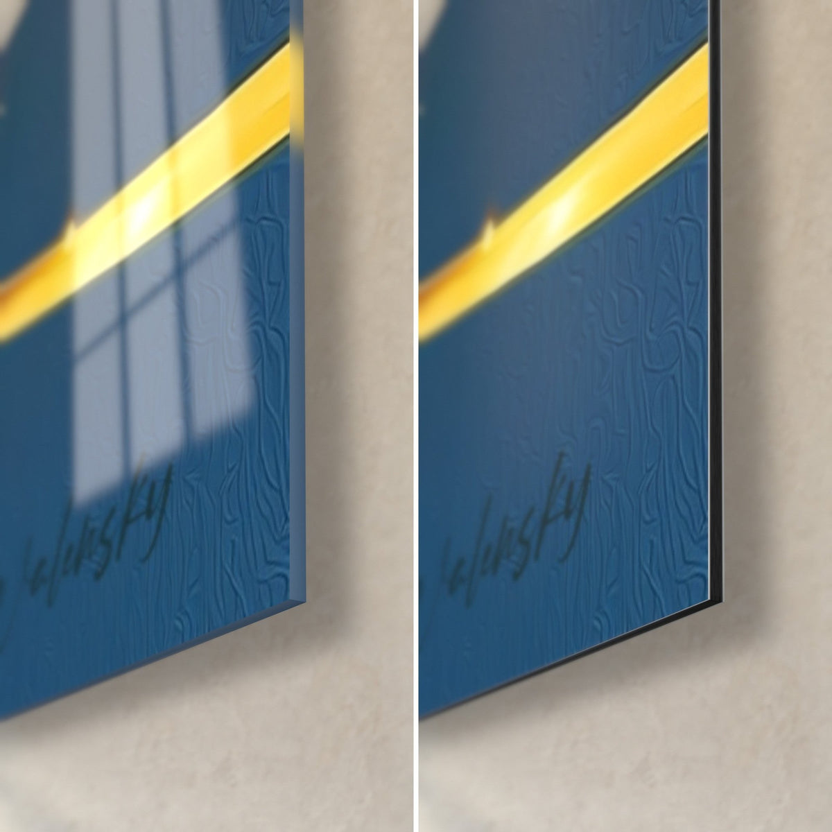 Tableau combattant au kimono bleu et or, coin bas droit : verre acrylique brillant à gauche, alu Dibond mat à droite