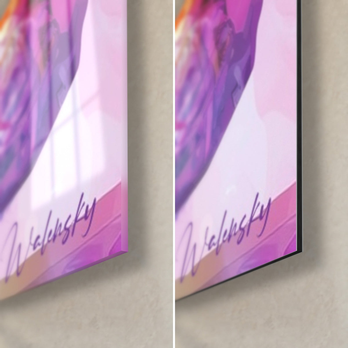 Schilderij van een samurai in paars harnas, rechtsonder: glanzend acrylglas en mat Dibond-aluminium, handtekening Walensky