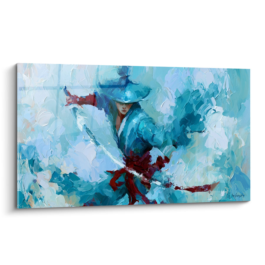 Tableau Guerrier turquoise et bordeaux à l'épée - Instant de garde - Edition Samouraï