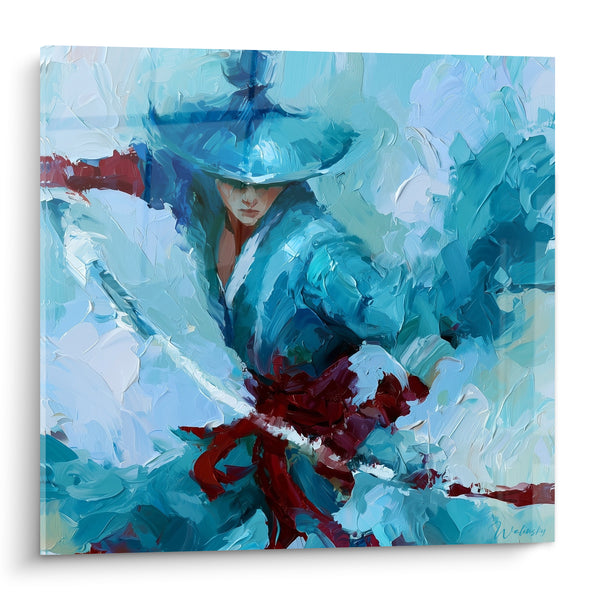 Tableau Guerrier bleu turquoise au chapeau conique - Souffle du combat - Edition Samouraï