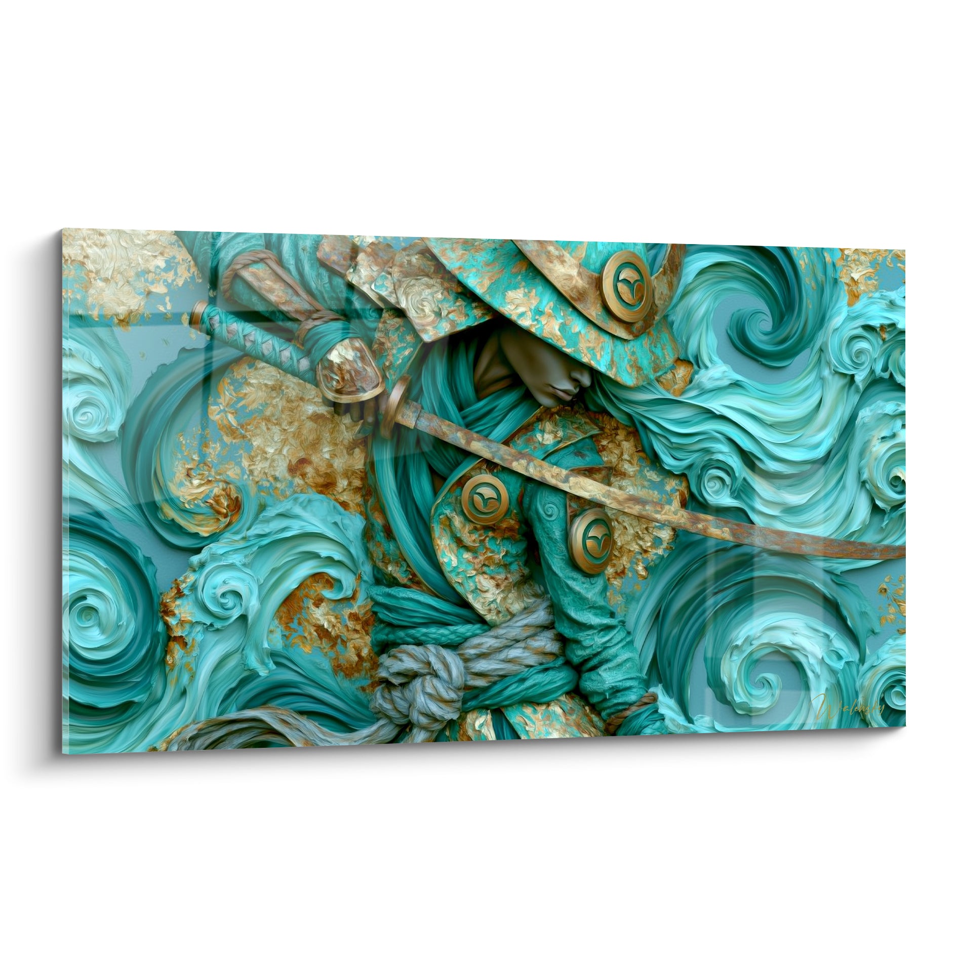 Samouraï casqué en armure turquoise et dorée, katana levé au milieu de vagues sculptées