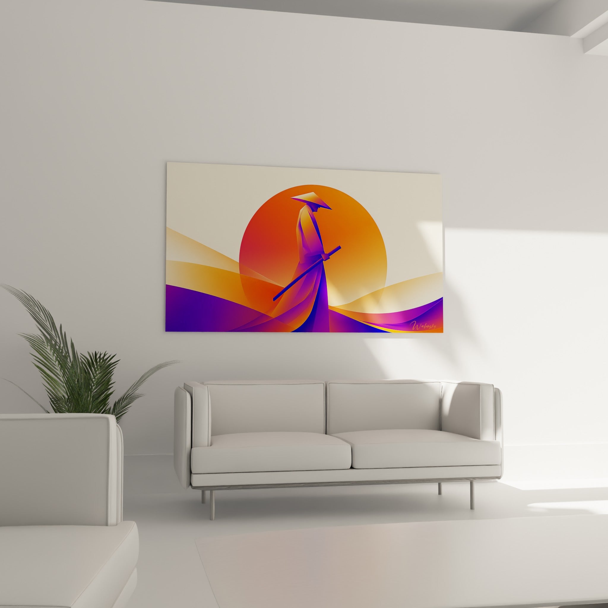 Silhouette indigo du Samouraï se détachant sur des vagues orange et violettes, au-dessus d'un canapé dans un salon lumineux.