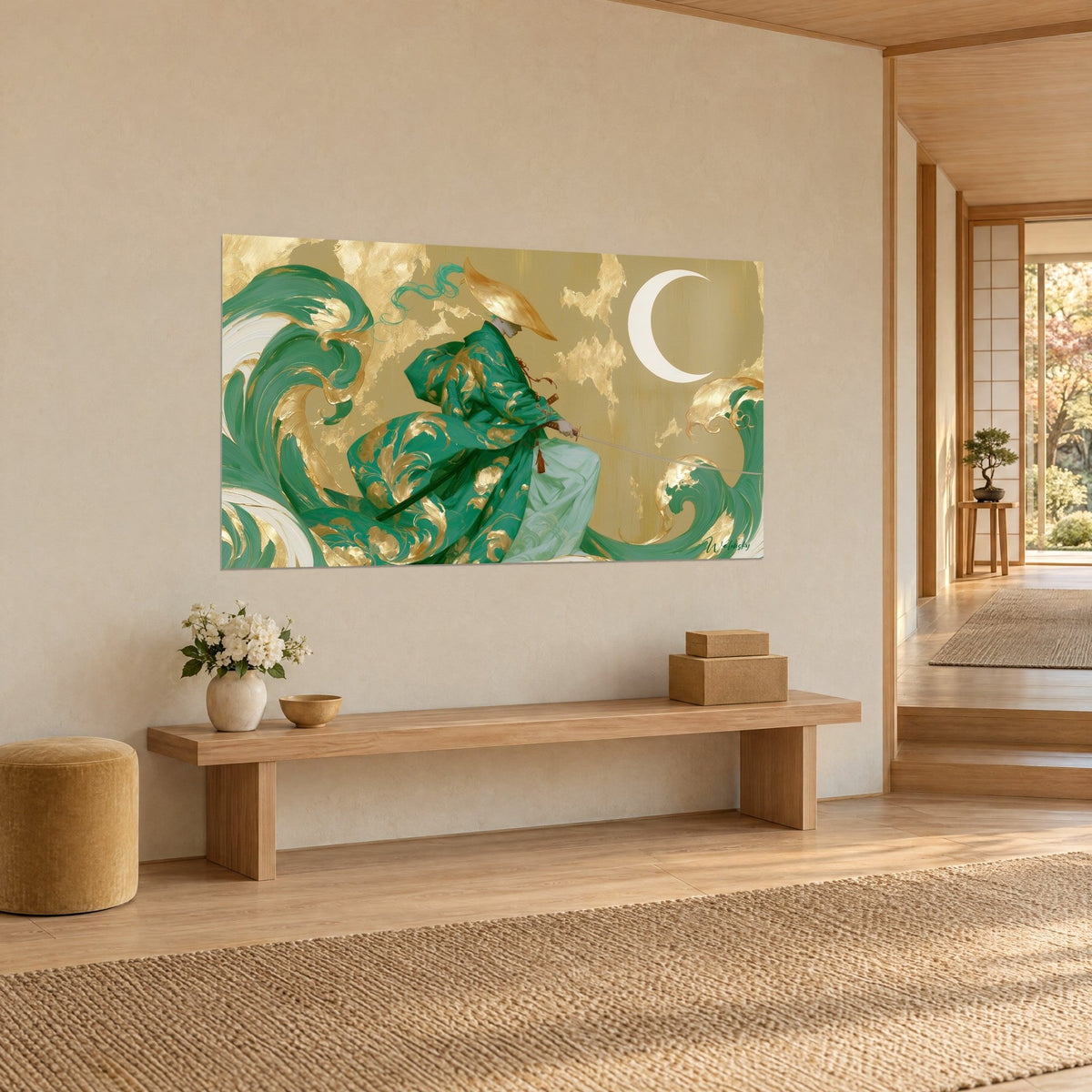Schilderij krijger gehuld in groen en goud die zijn zwaard trekt, romige golven in spiraal, lichte houten bank, driekwartaanzicht