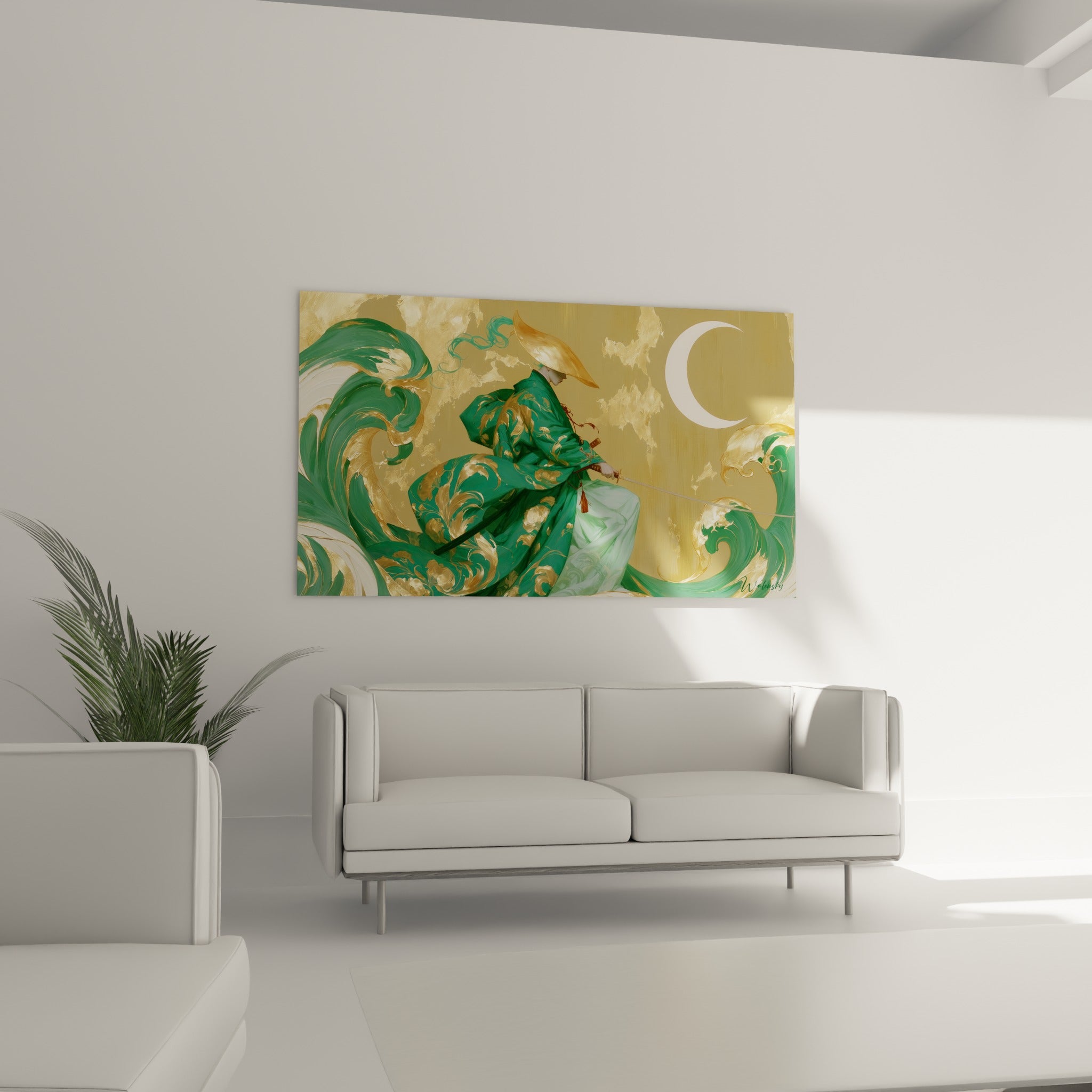Silhouette du samouraï en vert émeraude et or accrochée au-dessus d'un canapé dans un salon lumineux