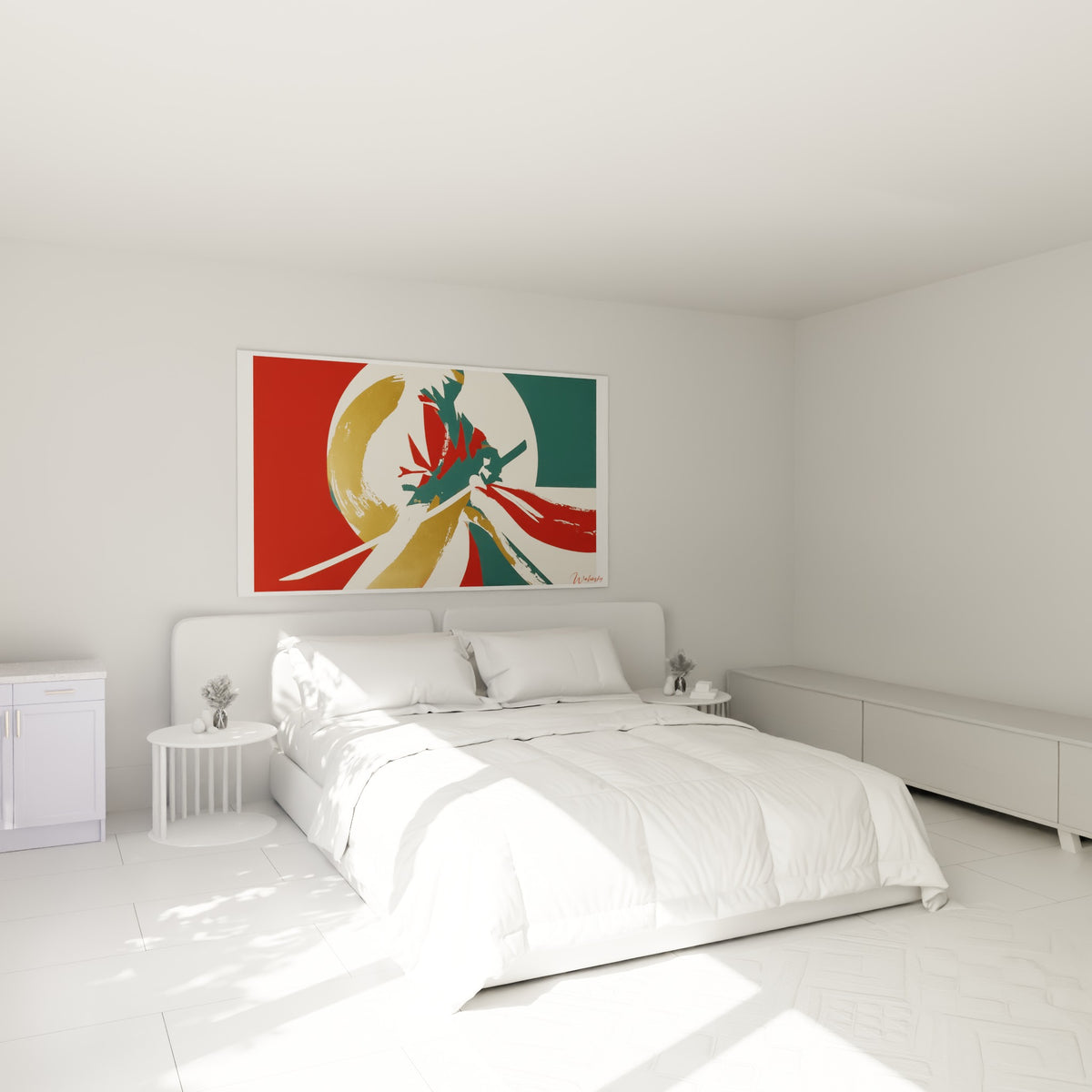 Guerrier stylisé aux teintes rouge et doré, silhouette dynamique, au-dessus d'un lit dans une chambre claire