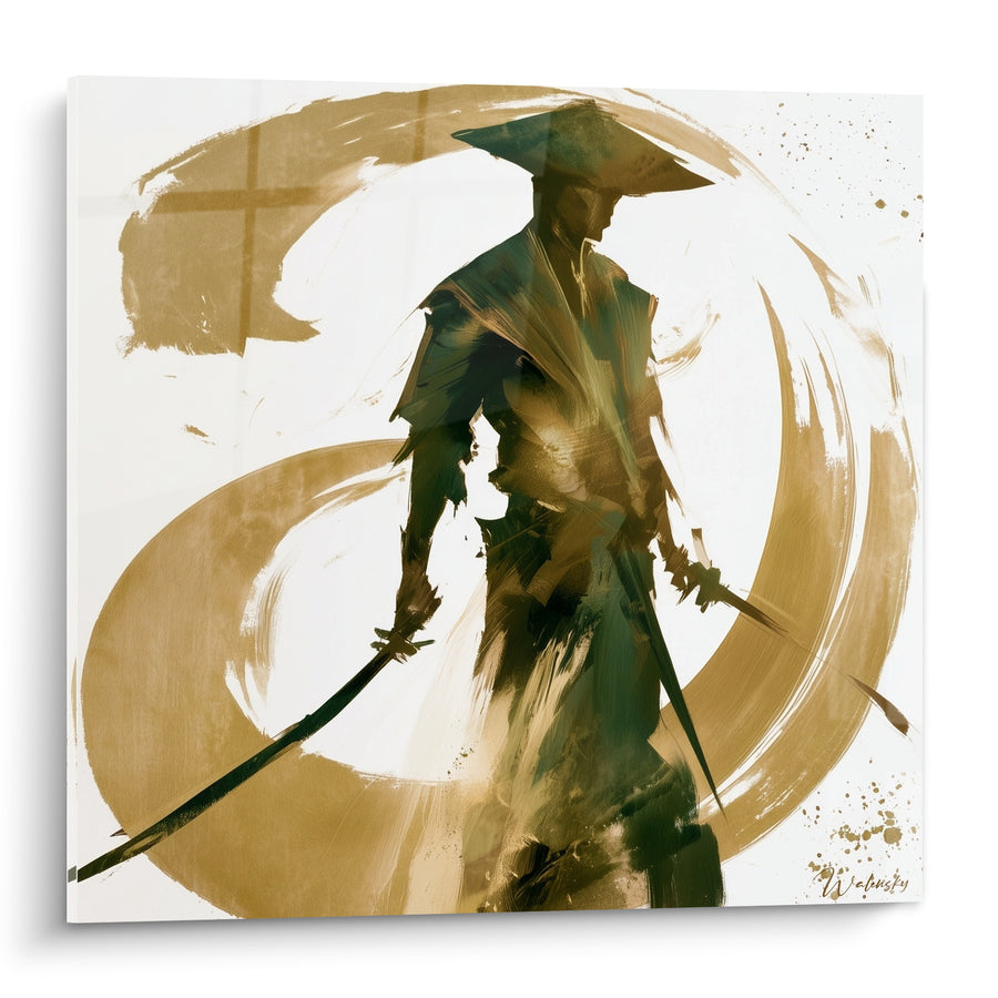 Tableau Guerrier chapeau conique doré et vert deux katanas croisés - Cercle calligraphique enveloppant - Edition Samouraï