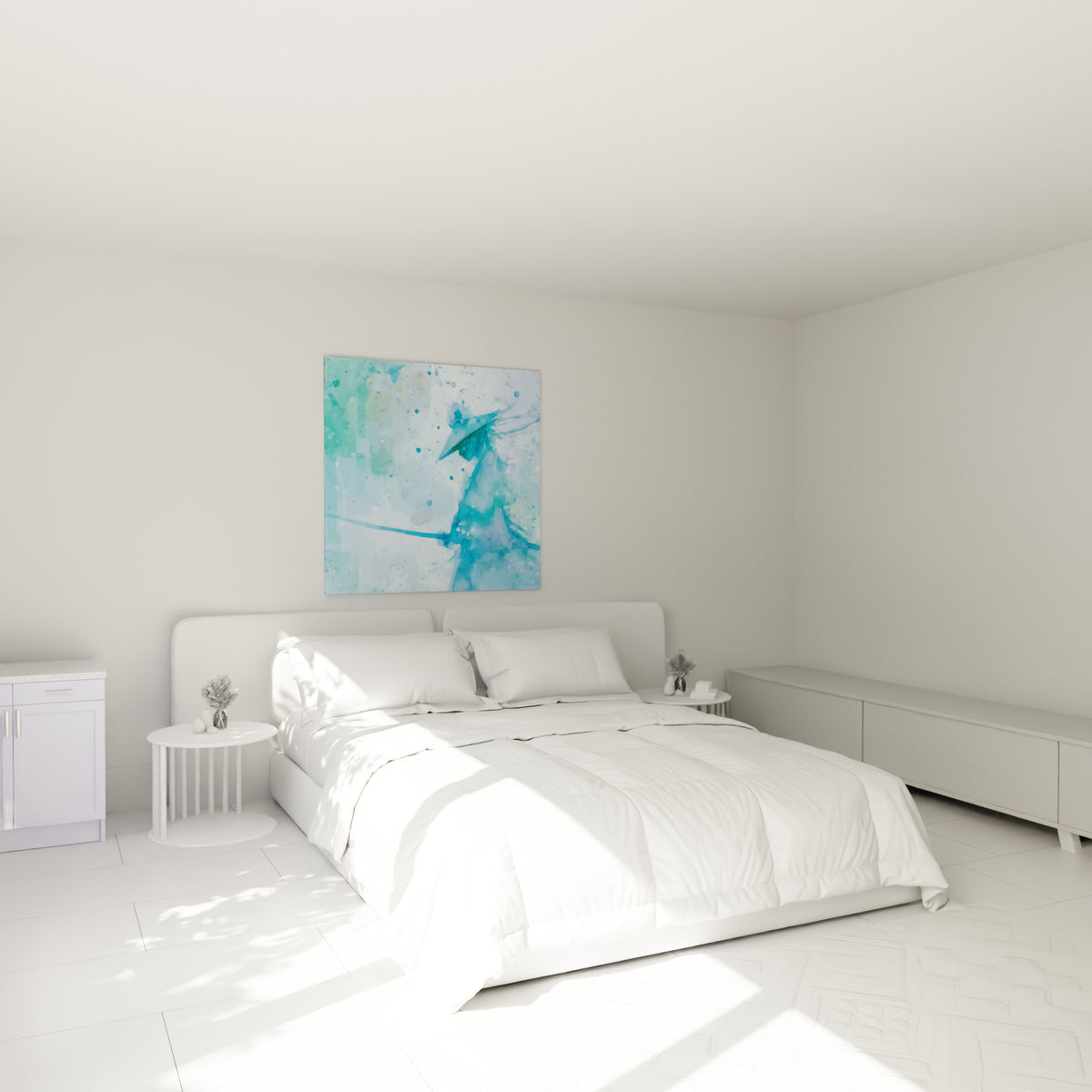 Guerrier samouraï en aquarelle bleu et vert d'eau, au-dessus d'un lit dans une chambre claire