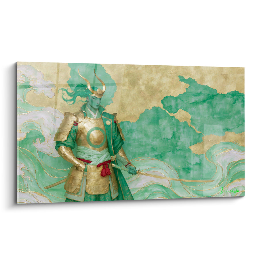 Tableau Guerrier vert jade et doré parmi les vagues - Cornes recourbées du kabuto vert - Edition Samouraï