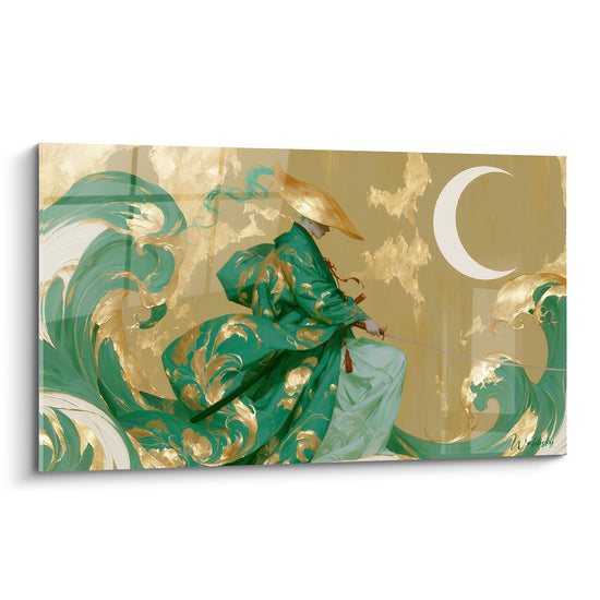 Samouraï en kimono vert émeraude et or, sabre dégainé sous un croissant de lune blanc