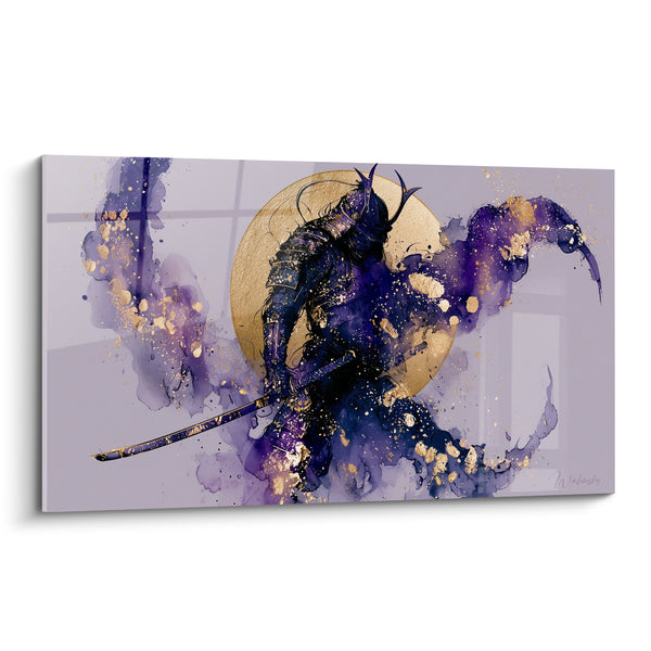 Tableau Guerrier violet et doré au katana incliné - Éclaboussures d'encre cosmique - Edition Samouraï