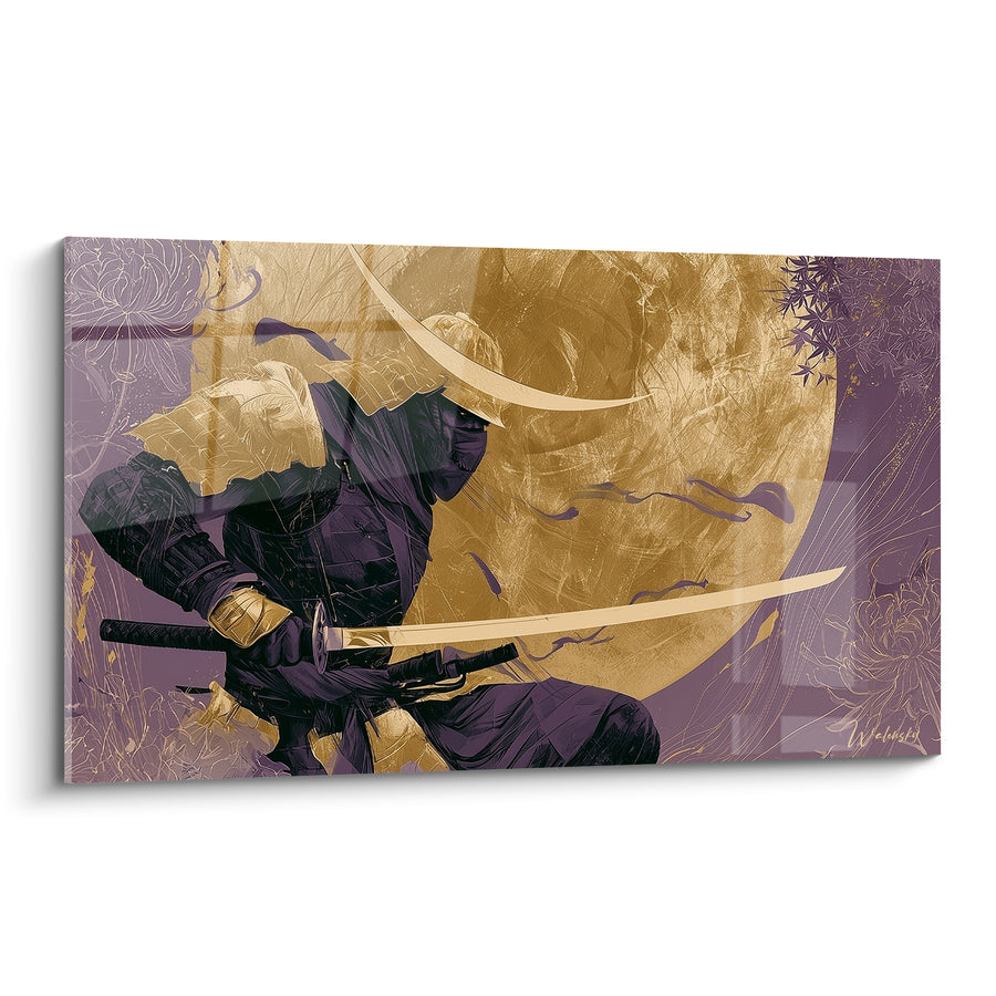 Tableau Guerrier violet et doré devant lune dorée - Chrysanthèmes gravés en bordure - Edition Samouraï