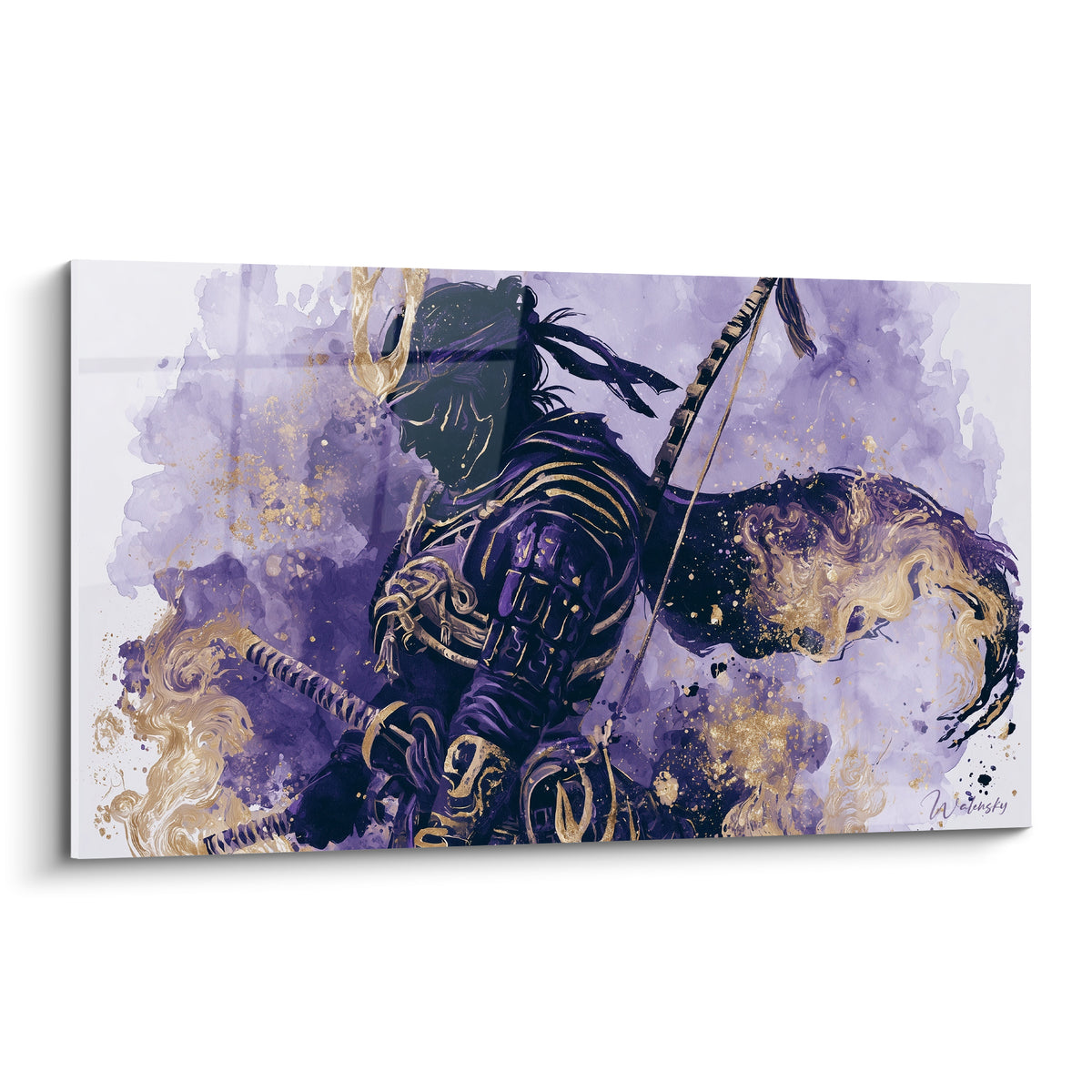 Samouraï casqué en armure violette et dorée, katanas à la ceinture, aquarelle expressive