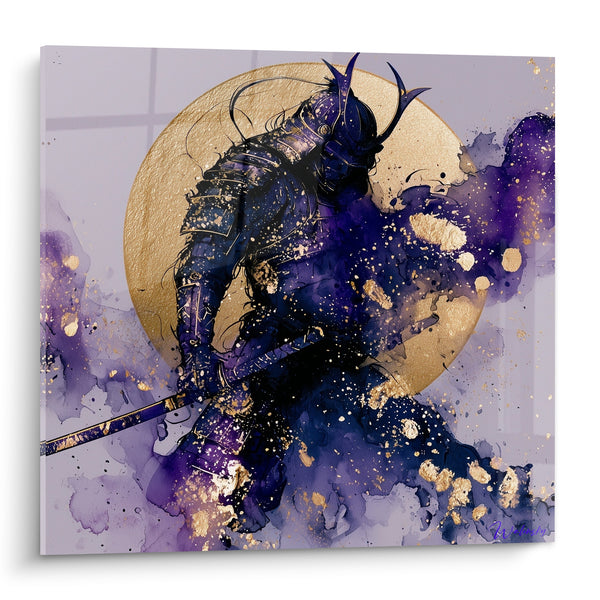 Tableau Samouraï violet et doré face à la lune - Veillée du guerrier - Edition Samouraï