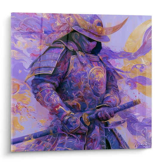 Samouraï casqué en armure violette et dorée, sabre en main, style pictural tourbillonnant intense