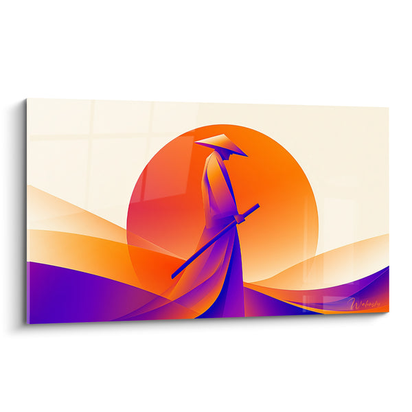 Tableau Guerrier chapeau conique orange et violet devant disque solaire - Vagues drapées ondulantes - Edition Samouraï