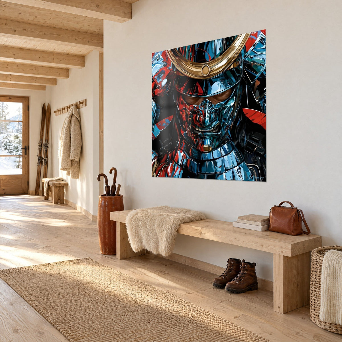 Wall art armored warrior with glacier blue and blood red highlights, golden crescent, three-quarter view in a chalet