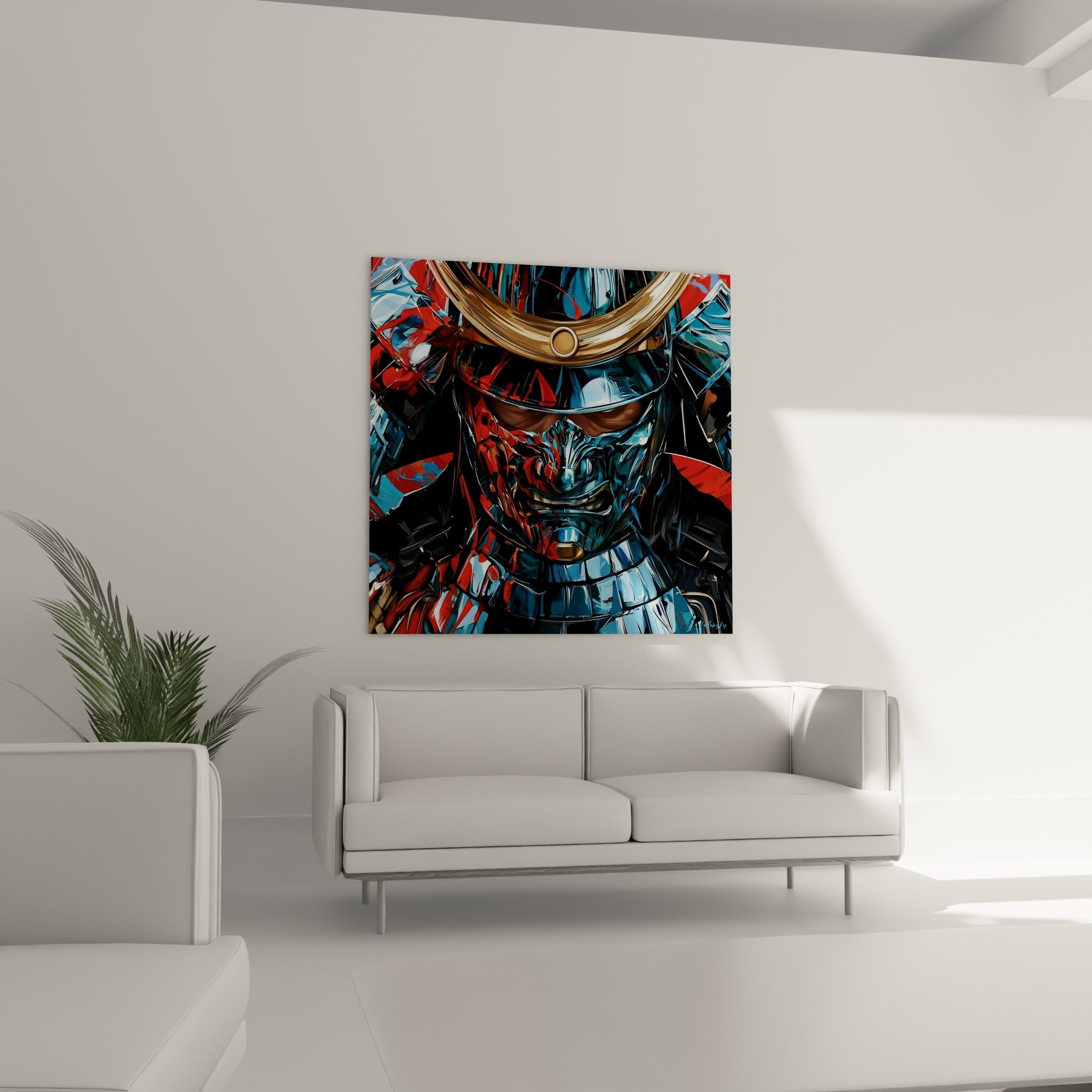 Visage de samouraï anthracite et doré au-dessus d'un canapé dans un salon lumineux