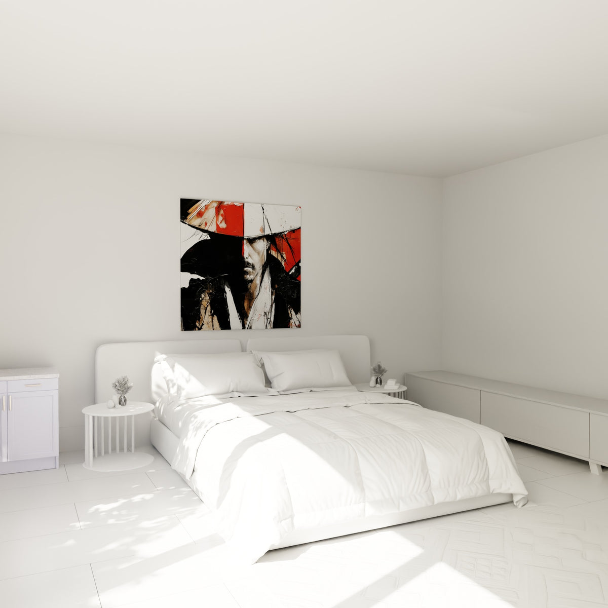 Samouraï en noir, blanc et rouge intense, accroché au-dessus d'un lit dans une chambre claire