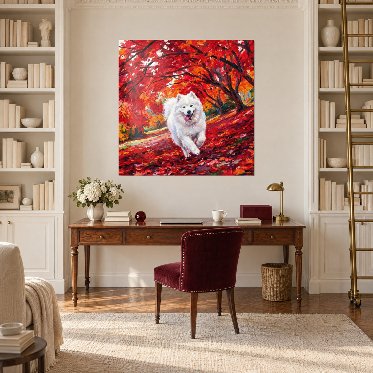 Quadro di un cane da compagnia dal pelo bianco che galoppa sotto una volta di alberi porpora e arancio, sopra una scrivania in legno e librerie