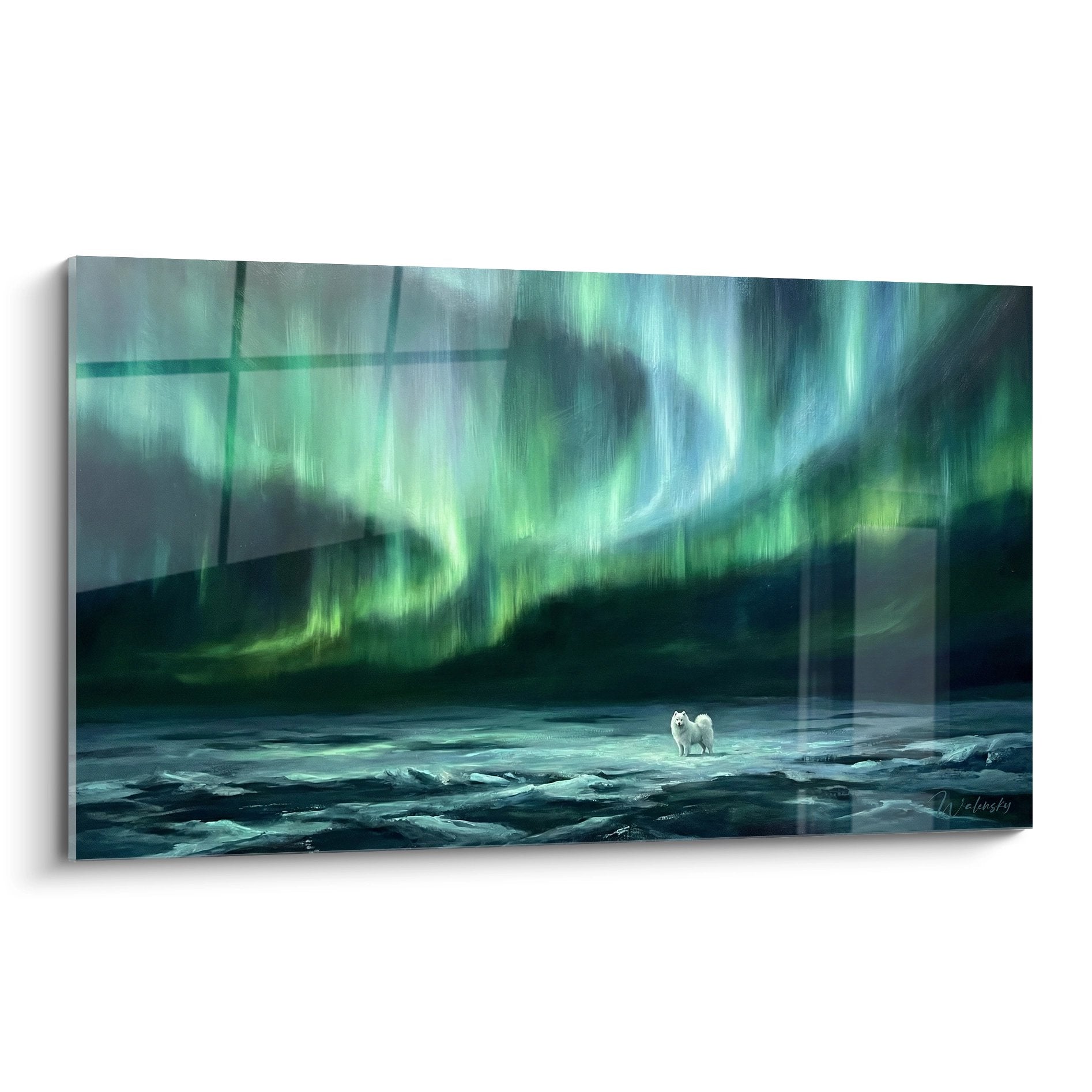 Tableau chien blanc Samoyede contemplant aurores boreales vertes sur banquise polaire nocturne mystique