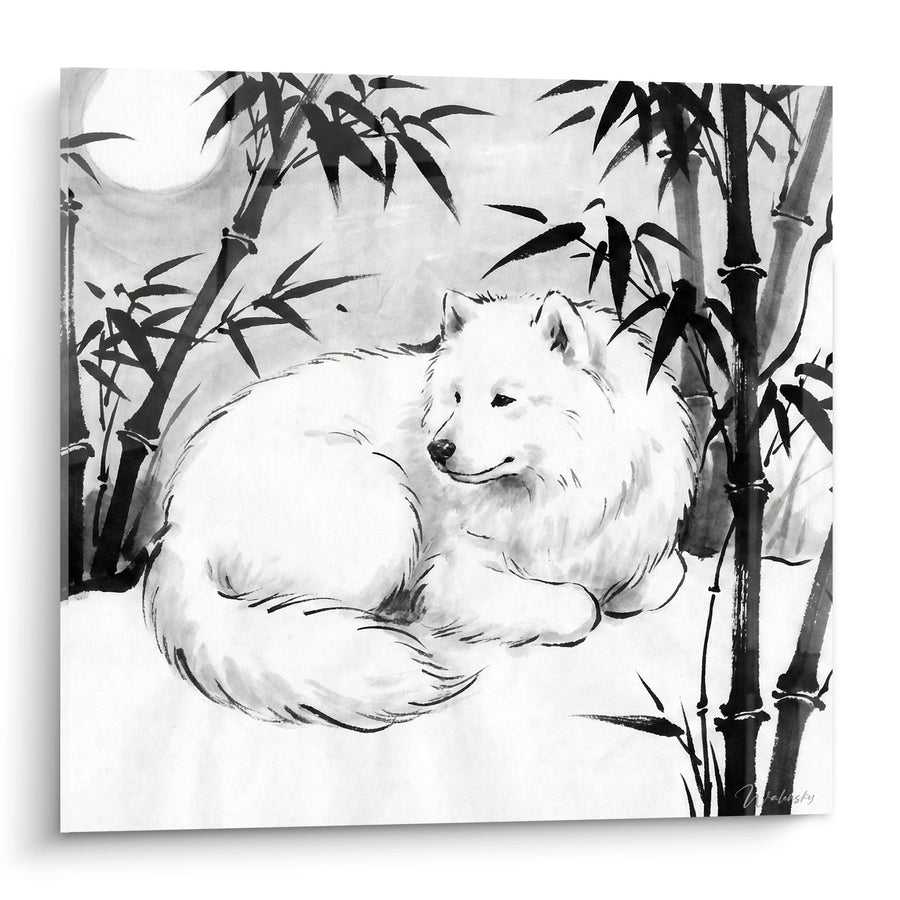 Tableau Chien Blanc Paisible dans les Bambous - Sérénité Orientale - Edition Samoyede