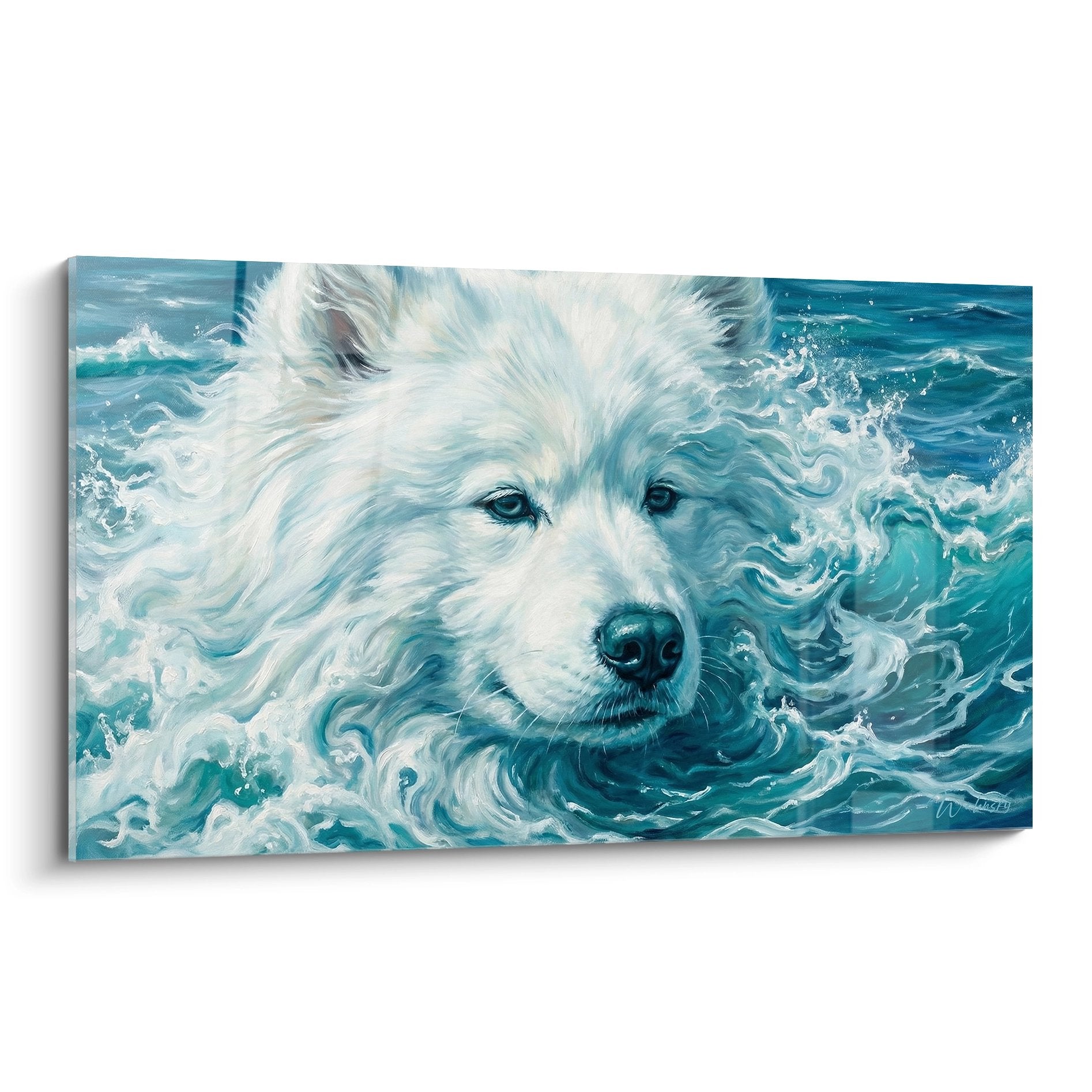 Tableau artistique Samoyede blanc aux reflets bleus fusionnant avec vagues turquoise et écume marine