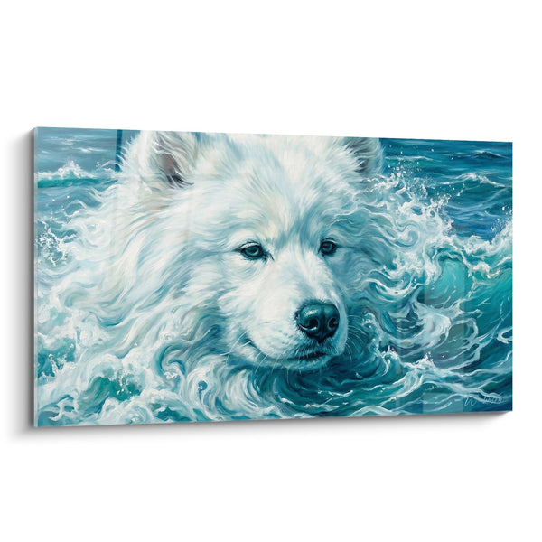Cuadro de Perro Blanco con Reflejos Azules en las Olas - Fusión Acuática - Edición Samoyedo