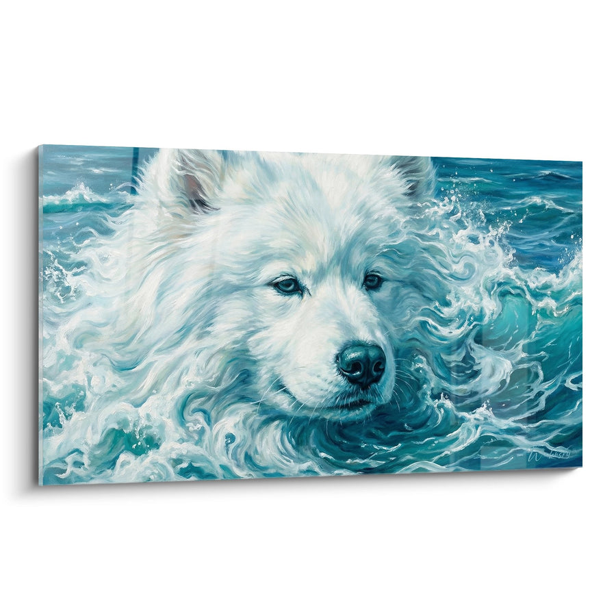 Tableau Chien Blanc aux Reflets Bleus dans les Vagues - Fusion Aquatique - Edition Samoyede