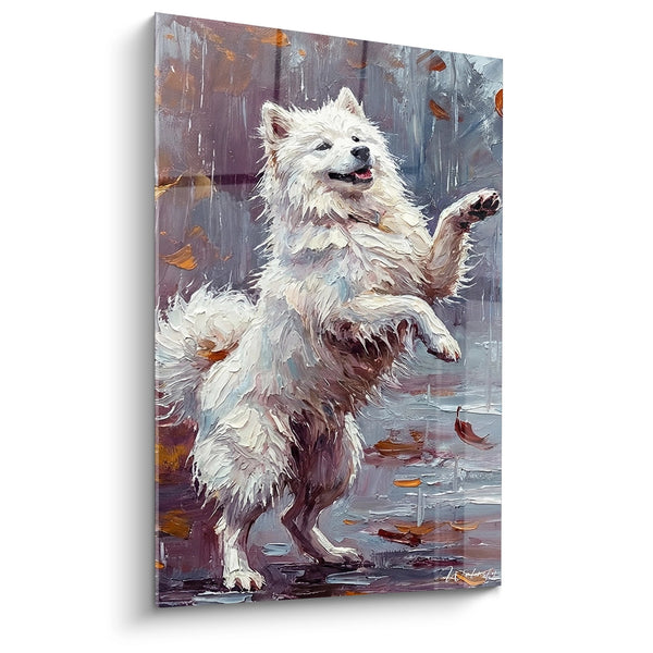 White Leaping Dog in Rain Painting - Autumn Joy - Samoyed Edition