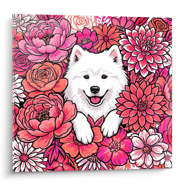 Cuadro de Perro Blanco con Flores Rosa Fucsia - Jardín Floral - Edición Samoyedo