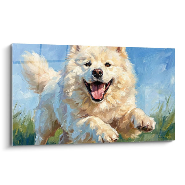 Cuadro de Perro Blanco Saltando en la Hierba - Alegría Pura - Edición Samoyedo