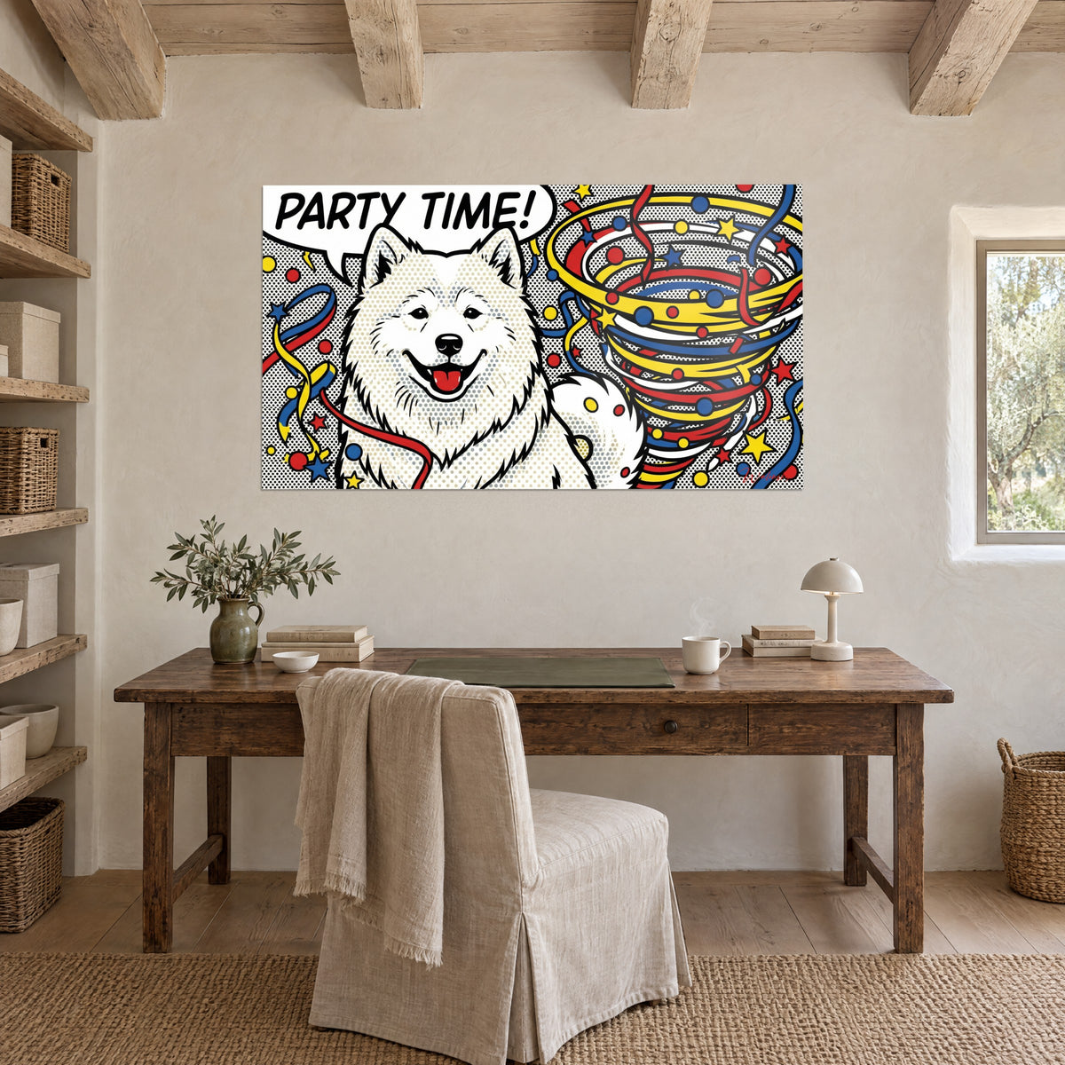 Schilderij van een vrolijke samojeed in stripstijl, gele sterren en een wirwar van rode linten, houten bureau, crèmekleurige muur