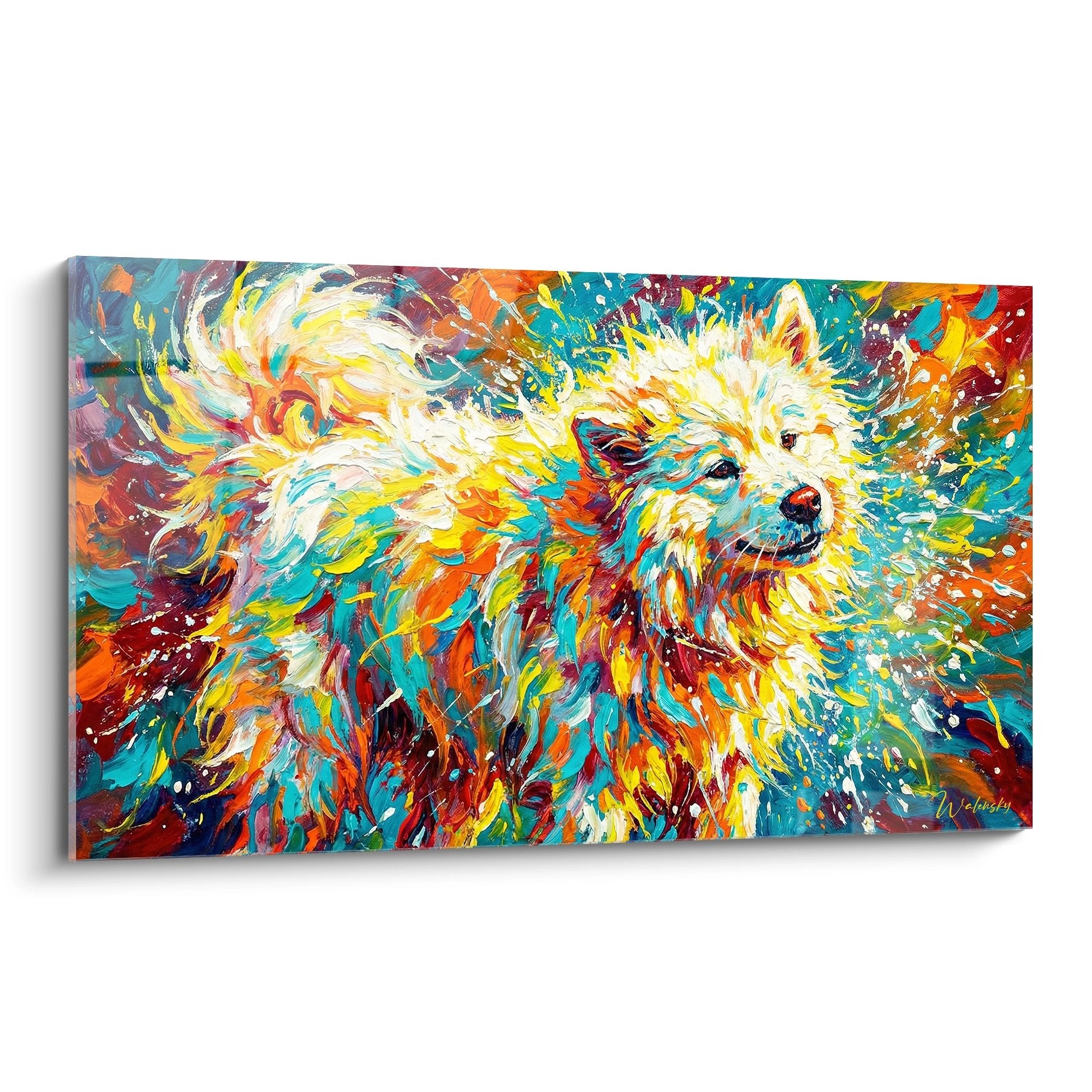 Tableau art moderne Samoyede blanc explosion couleurs turquoise orange style expressionniste contemporain