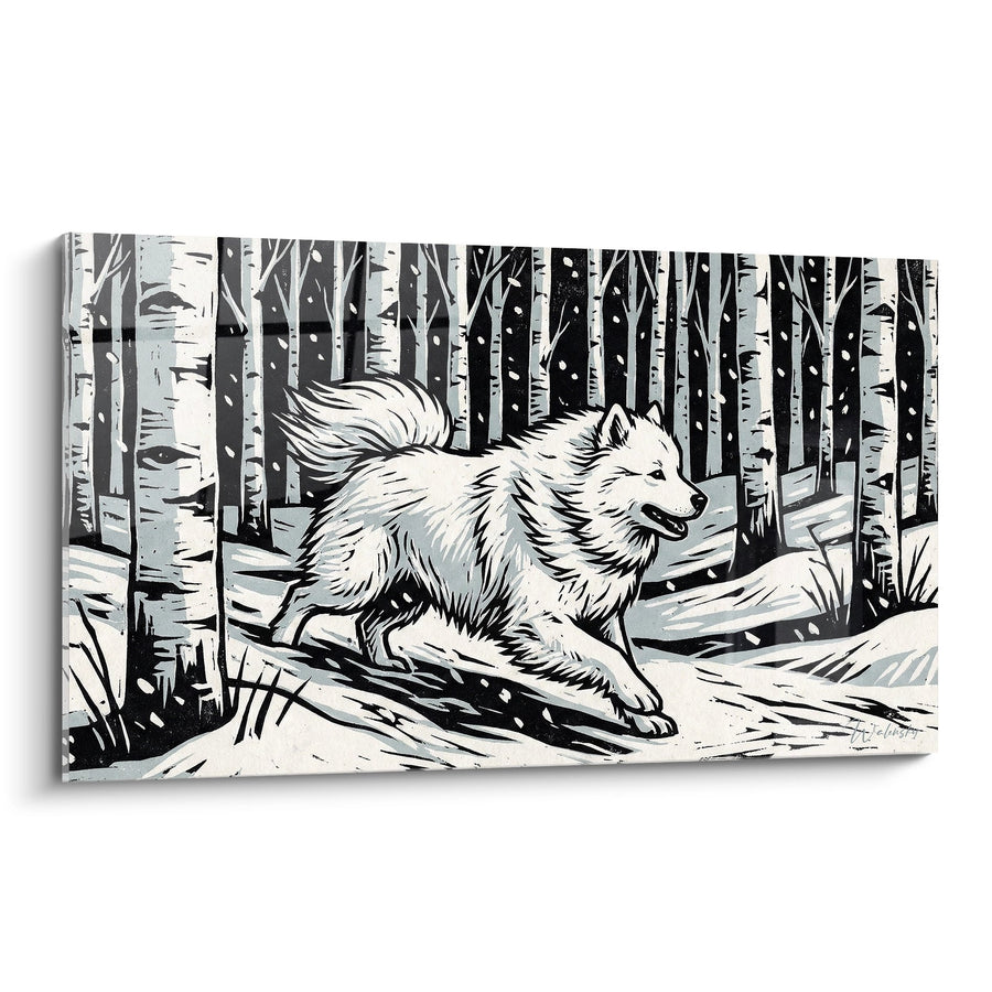 Tableau Chien Blanc Courant dans une Forêt de Bouleaux - Course Hivernale - Edition Samoyede