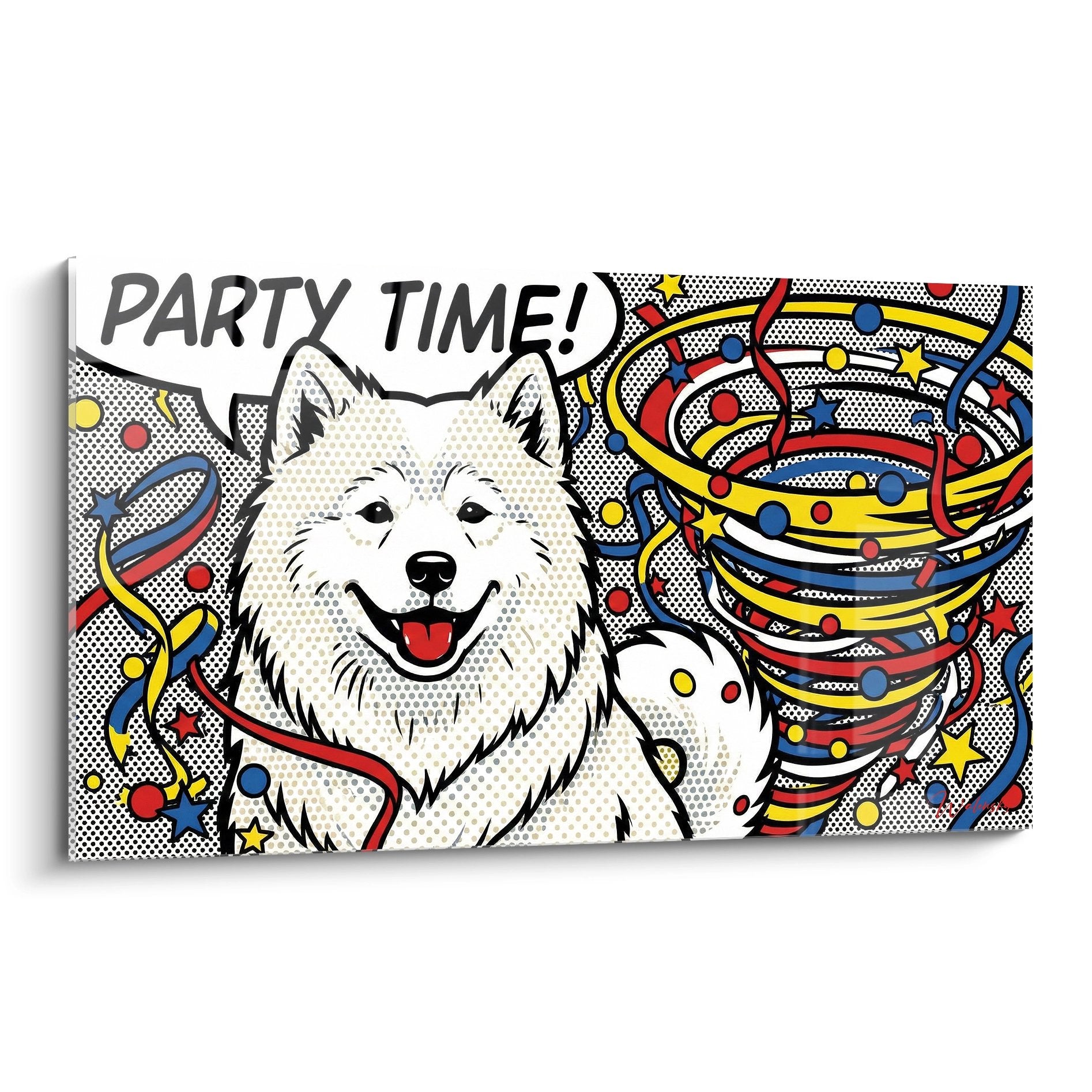 Tableau pop art Samoyede souriant entouré rubans colorés rouge jaune bleu sur fond tramé style bande dessinée